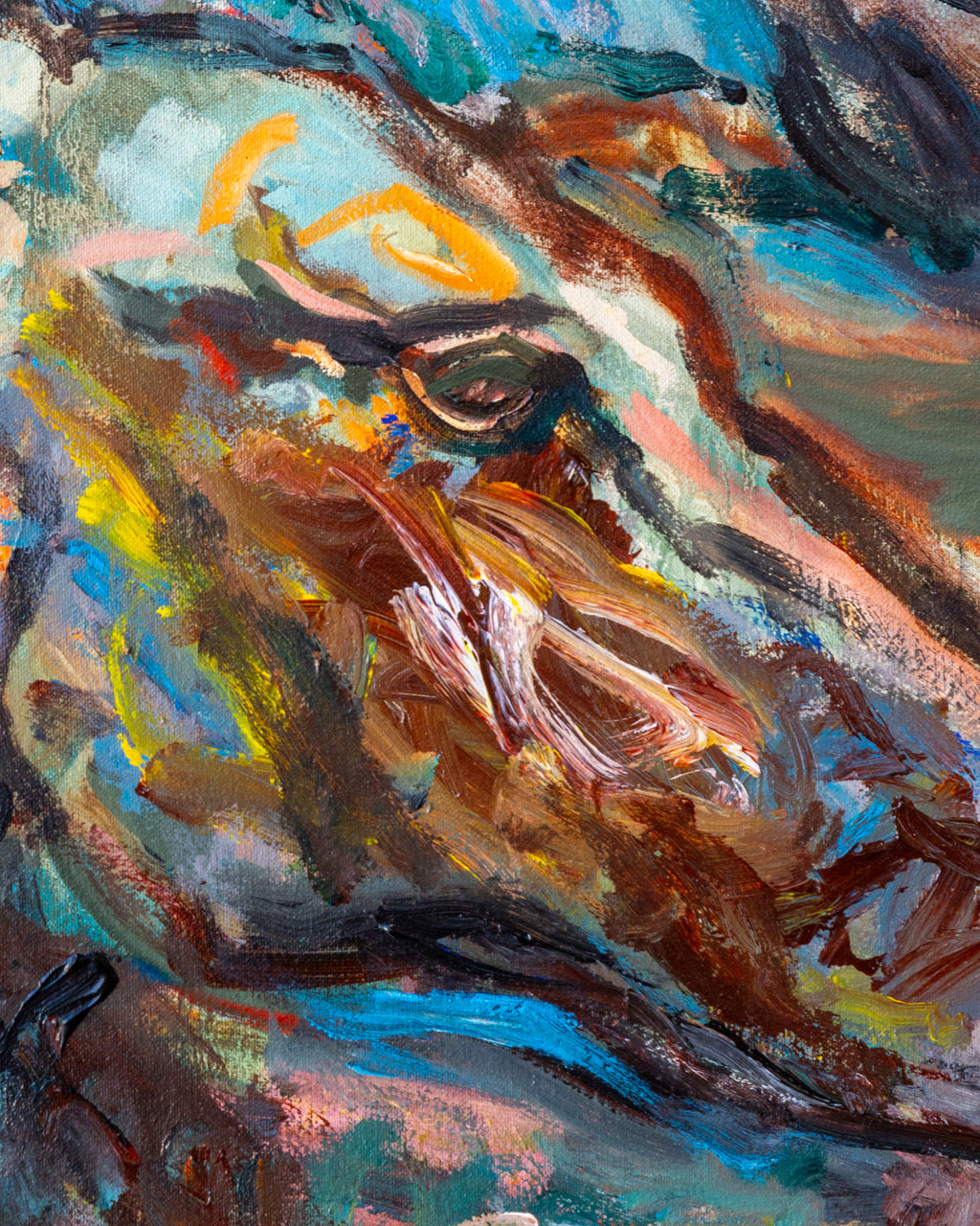 Expressionist Acrylic on Canvas Titled "Blue Horses" Signed by Moe