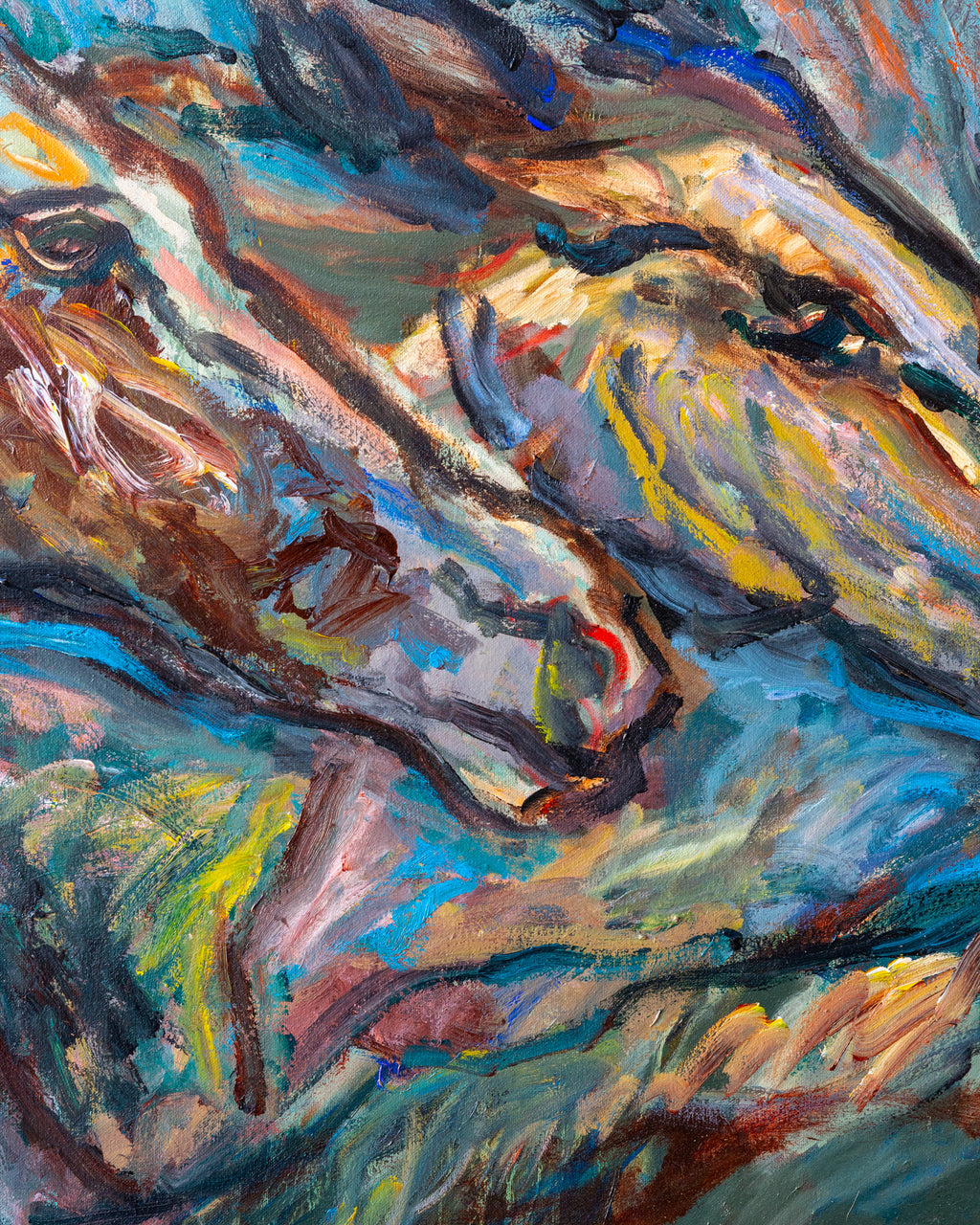 Expressionist Acrylic on Canvas Titled "Blue Horses" Signed by Moe