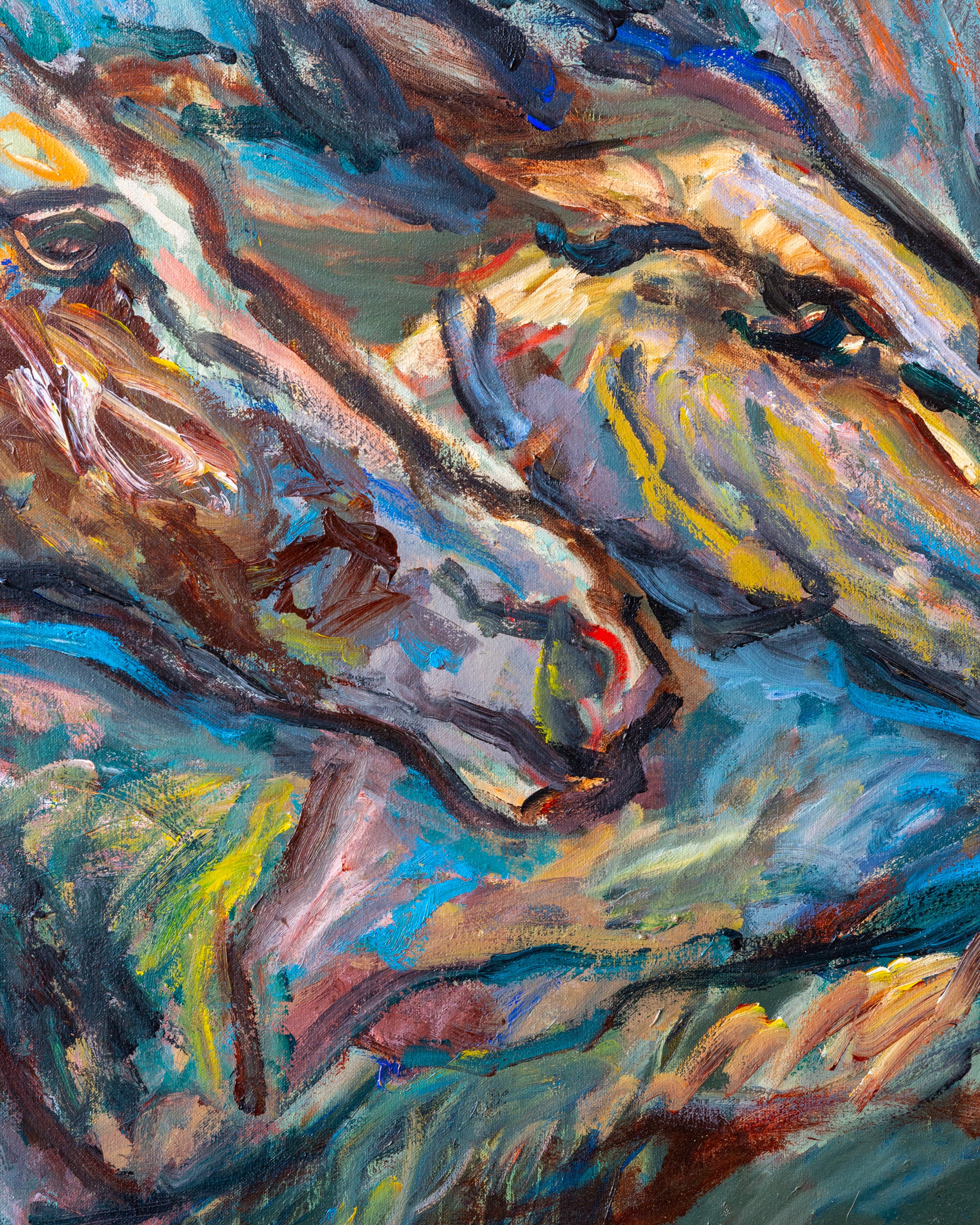 Expressionist Acrylic on Canvas Titled "Blue Horses" Signed by Moe