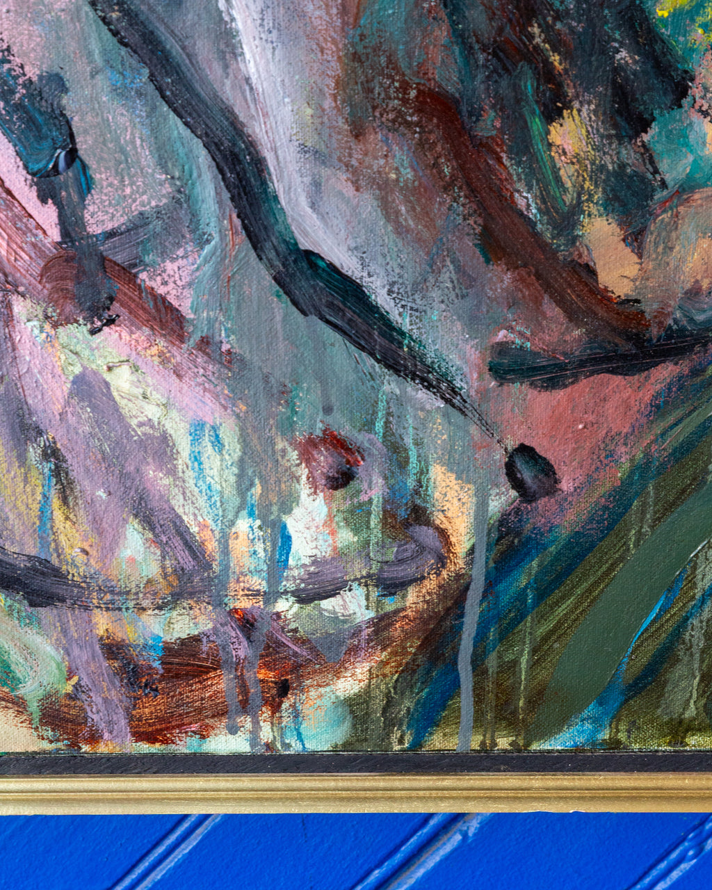 Expressionist Acrylic on Canvas Titled "Blue Horses" Signed by Moe