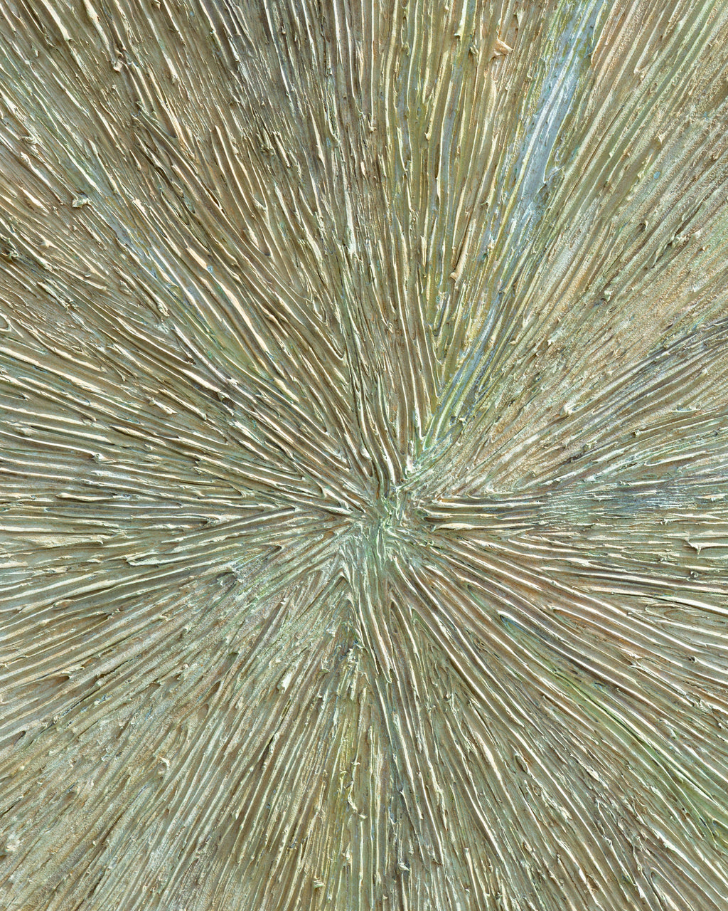 Close detail of the starburst center where the impasto rays converge in sage, sand and pale blue.