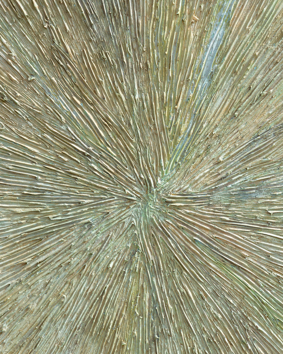 Close detail of the starburst center where the impasto rays converge in sage, sand and pale blue.