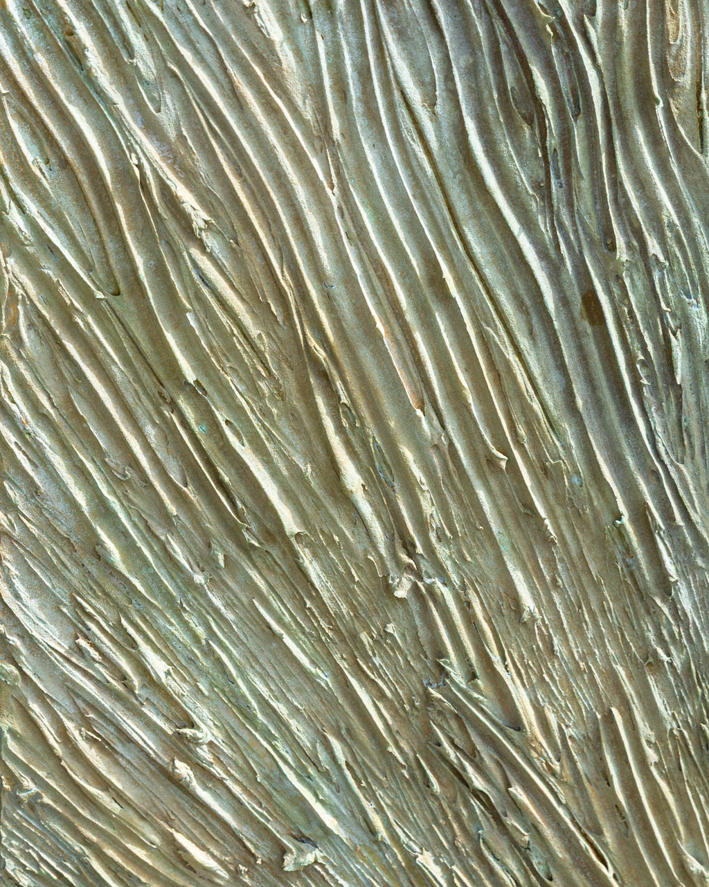 Close detail of the painting's combed impasto texture in sage and warm sand.