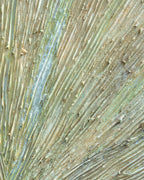 Close detail of diagonal impasto ridges in olive, sand and pale blue, flecked with burrs of raised paint.