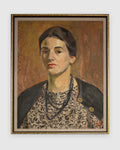 Straight-on view of a Priscilla Bender-Shore 1963 self portrait in a navy jacket and beaded necklace on burnt orange, in a gilt frame, on a light gray background.