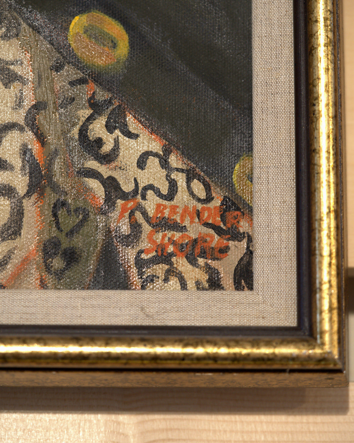 Detail of the P. Bender-Shore signature in red on the patterned blouse, lower right of the 1963 self portrait.
