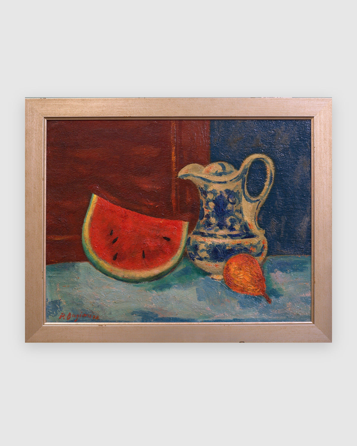 Straight-on view of a Pietro Bugiani still life of watermelon, a blue and white pitcher and a pear in a silver frame, on a light gray background.