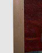Side view of the frame edge on the Pietro Bugiani still life of watermelon, a blue and white pitcher and a pear in a silver frame.