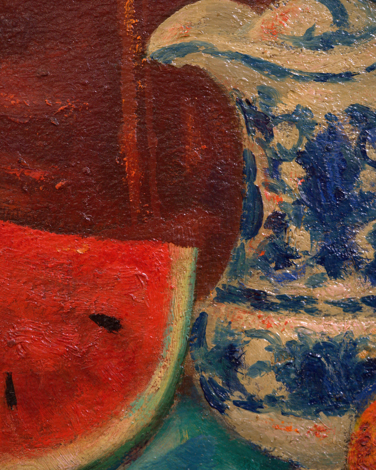 Close detail (pitcher) of the Pietro Bugiani still life of watermelon, a blue and white pitcher and a pear in a silver frame.
