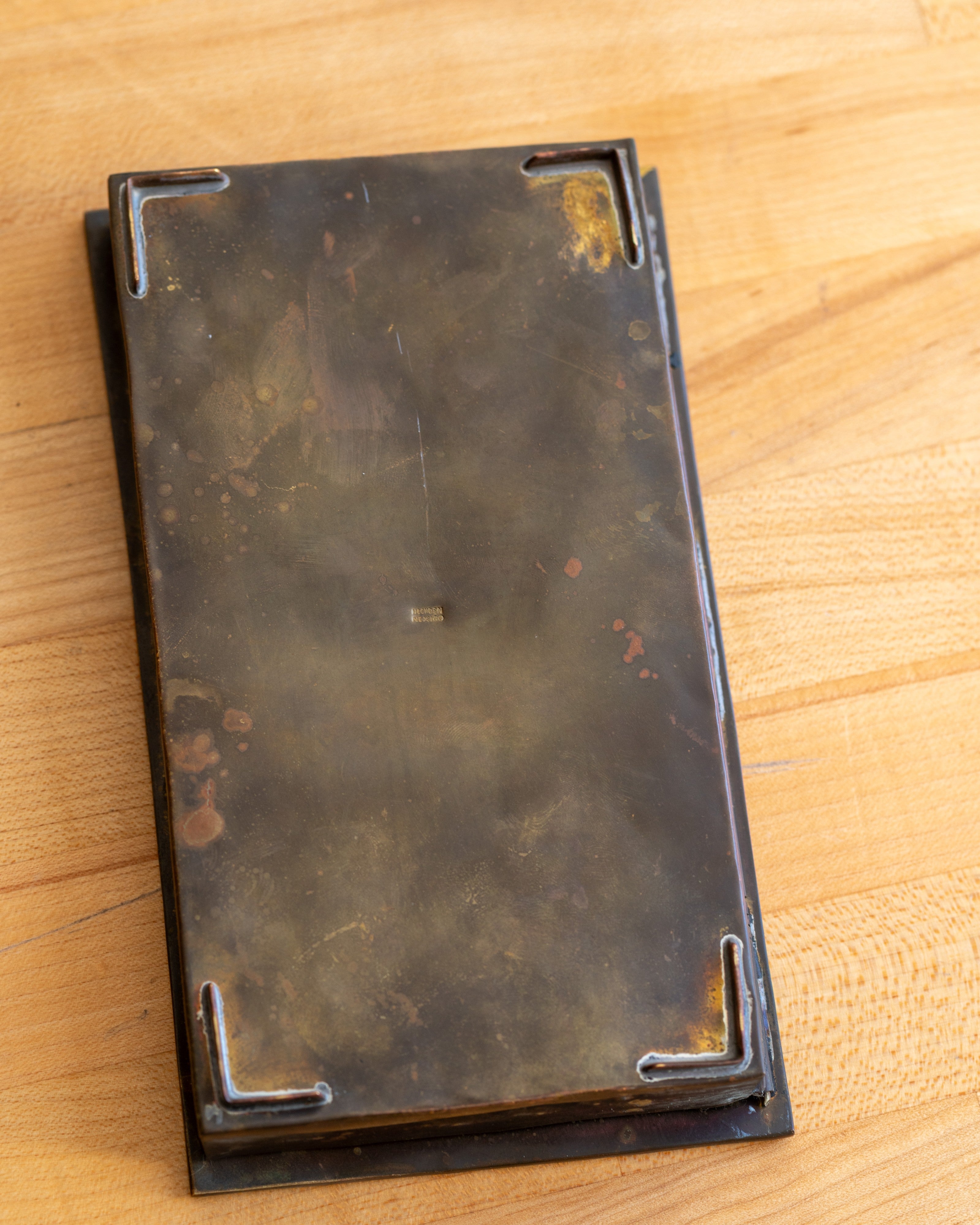 MCM Mexican Inlaid Serpent Keepsake Box made from Brass, Wood, and Stone