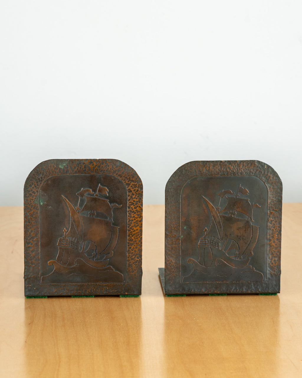 1930’s Pair of Hand Hammered Arts and Crafts Bookends Spanish Galleon Motif