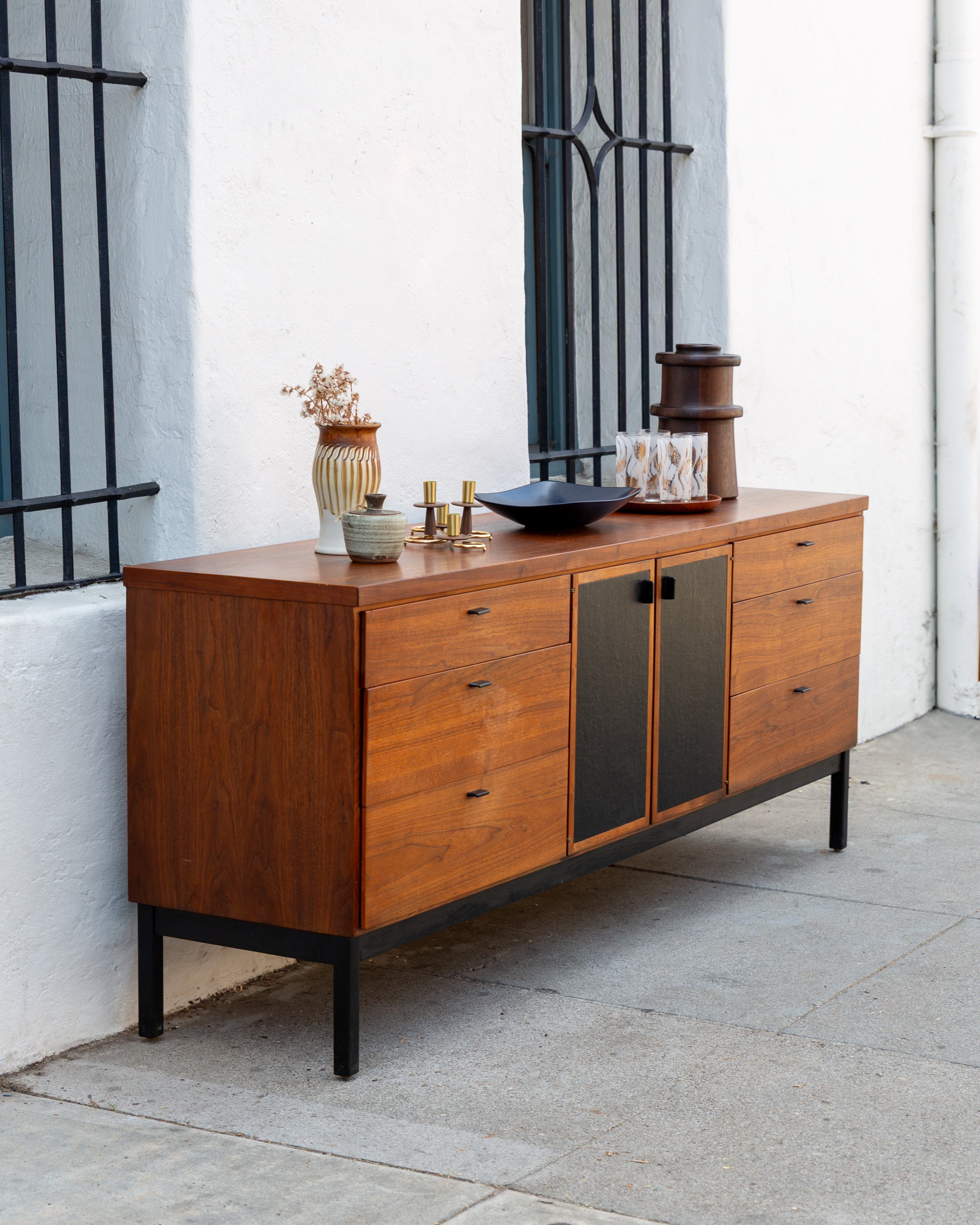 Mid-Century Jack Cartwright for Founders 9 Drawer Dresser with Black Leather Det Mid-Century Jack Cartwright for Founders 9 Drawer Dresser with Black Leather Det