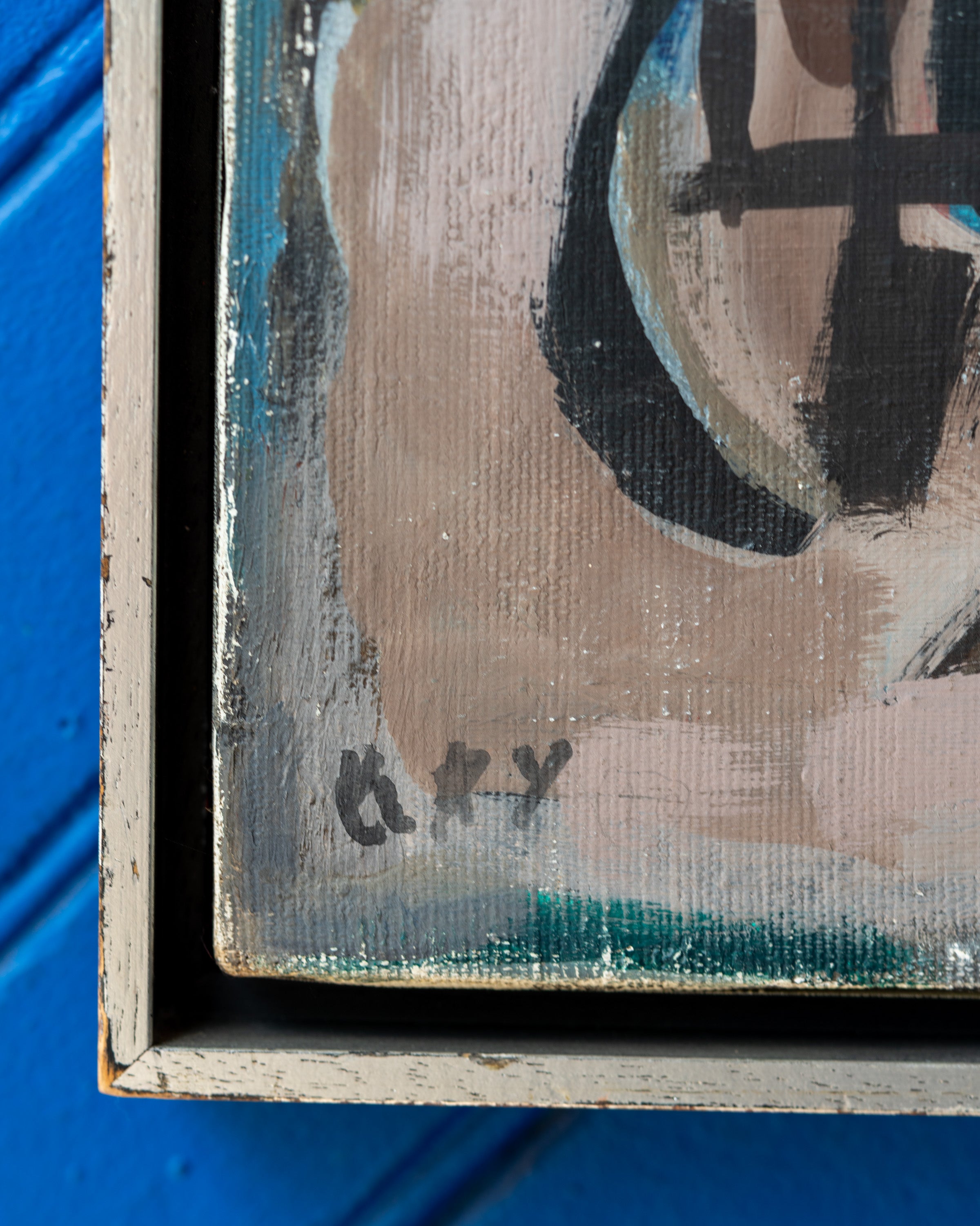 Framed Abstract Oil on Canvas,  Titled on Verso "Dos Caciques"