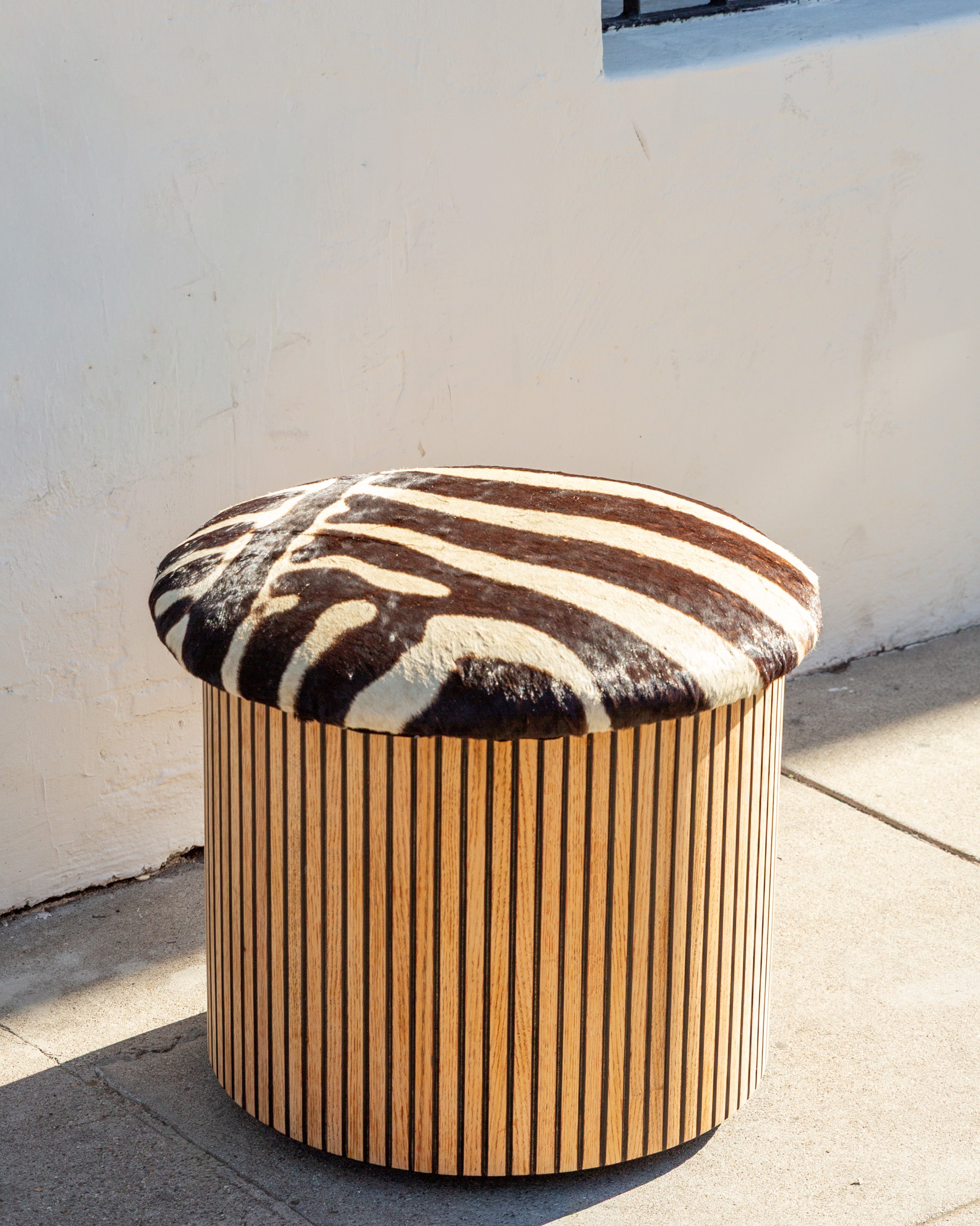 Large Fiberglass Planter with Vertical Oak Strips with Zebra Skin Upholstery