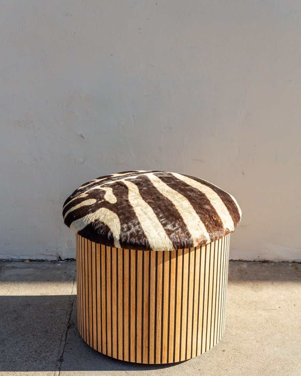 Large Fiberglass Planter with Vertical Oak Strips with Zebra Skin Upholstery