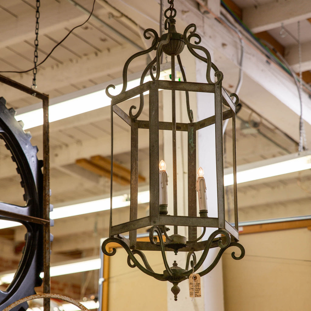 1930's Italian Brass Verdigris Large Lantern pendant