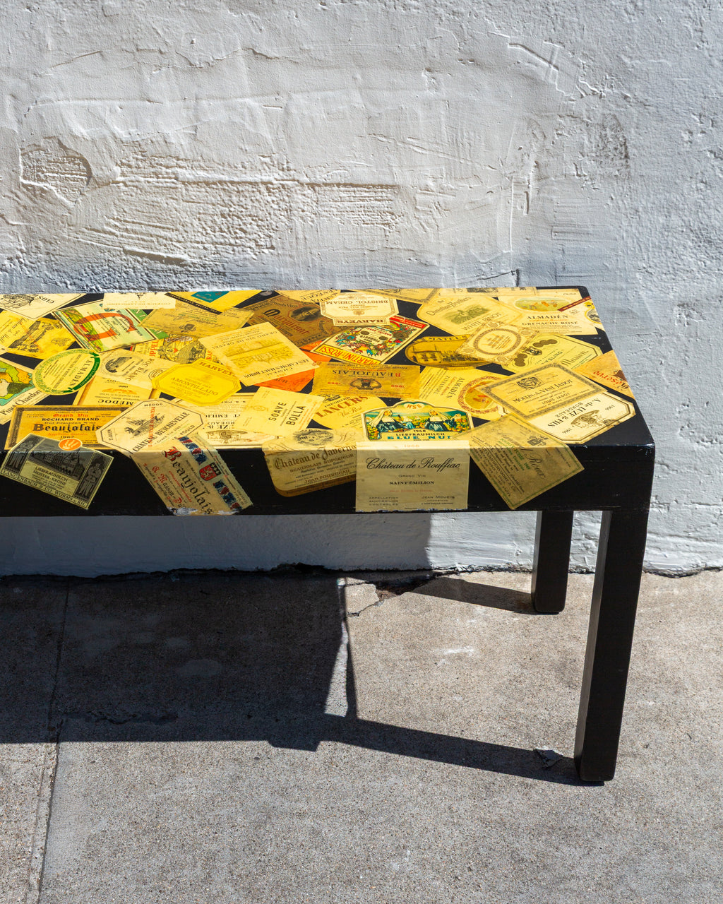 Homemade Decoupage Table with Vintage Wine Labels