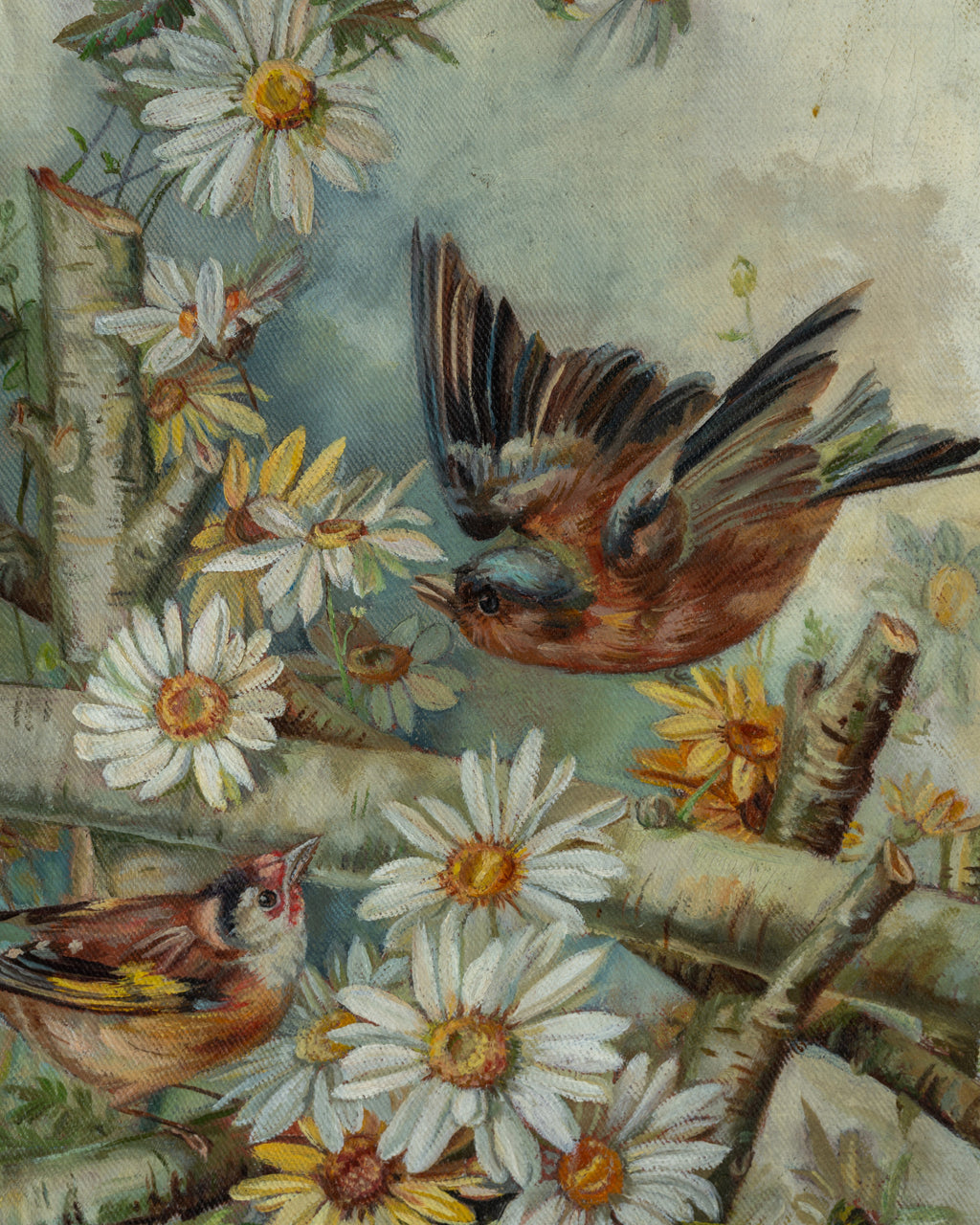Antique 1890's-1900 Oil on Canvas Painting of Robins and Daisies