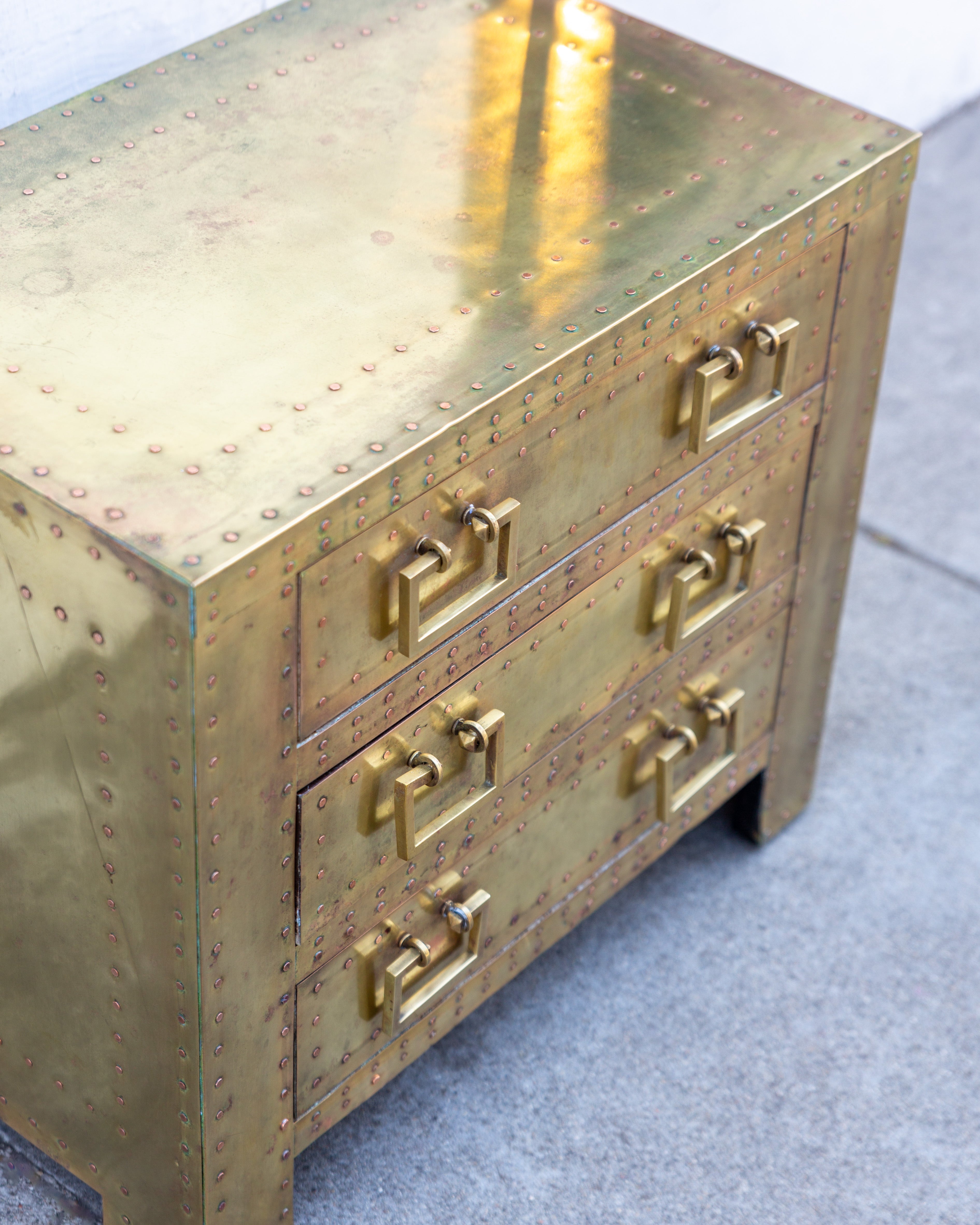1970's Sarreid Ltd. Brass Clad 3 Drawer Chest with Natural Patina