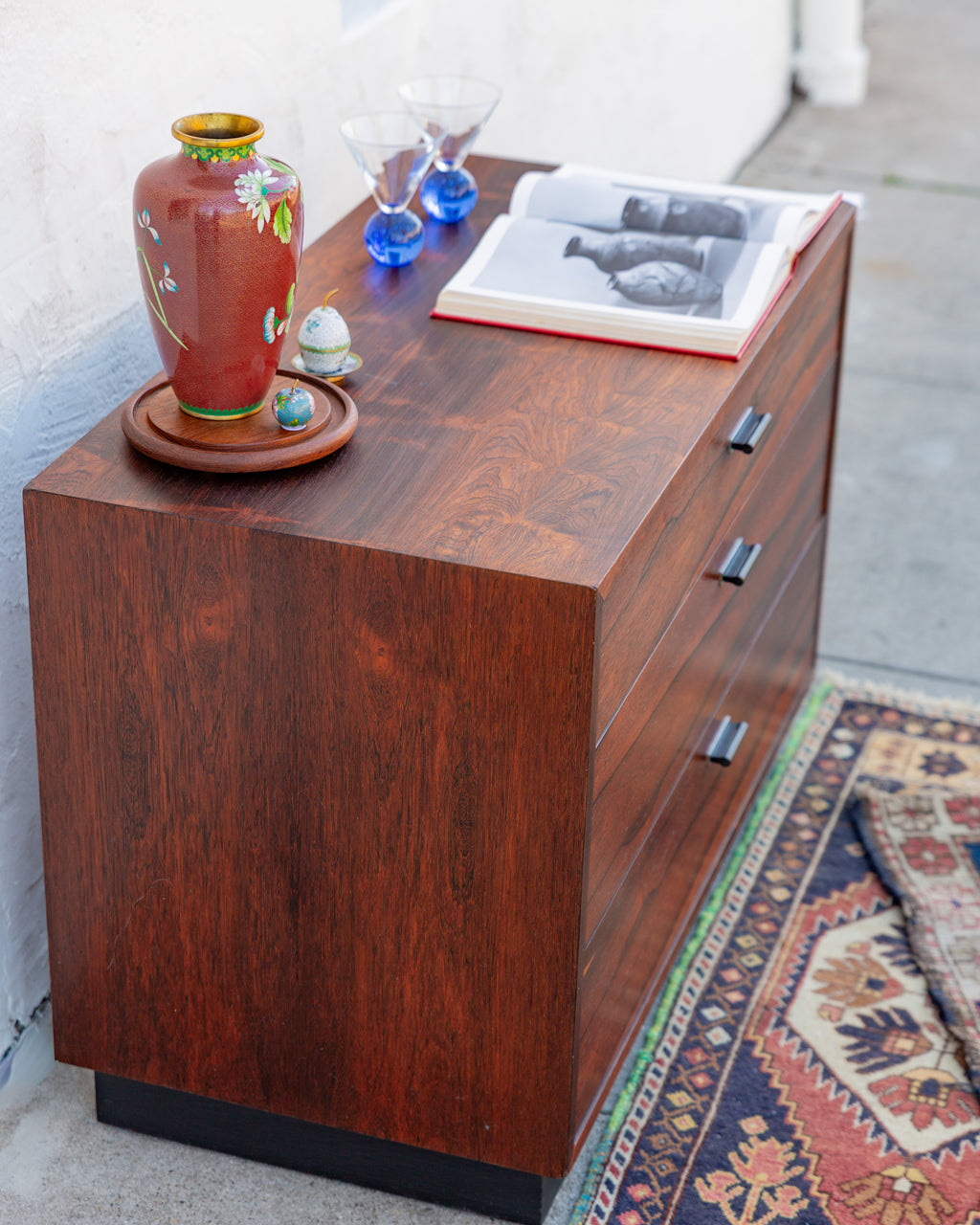 Rosewood 3 Drawer Chest Black Pulls Designed by Harvey Probler