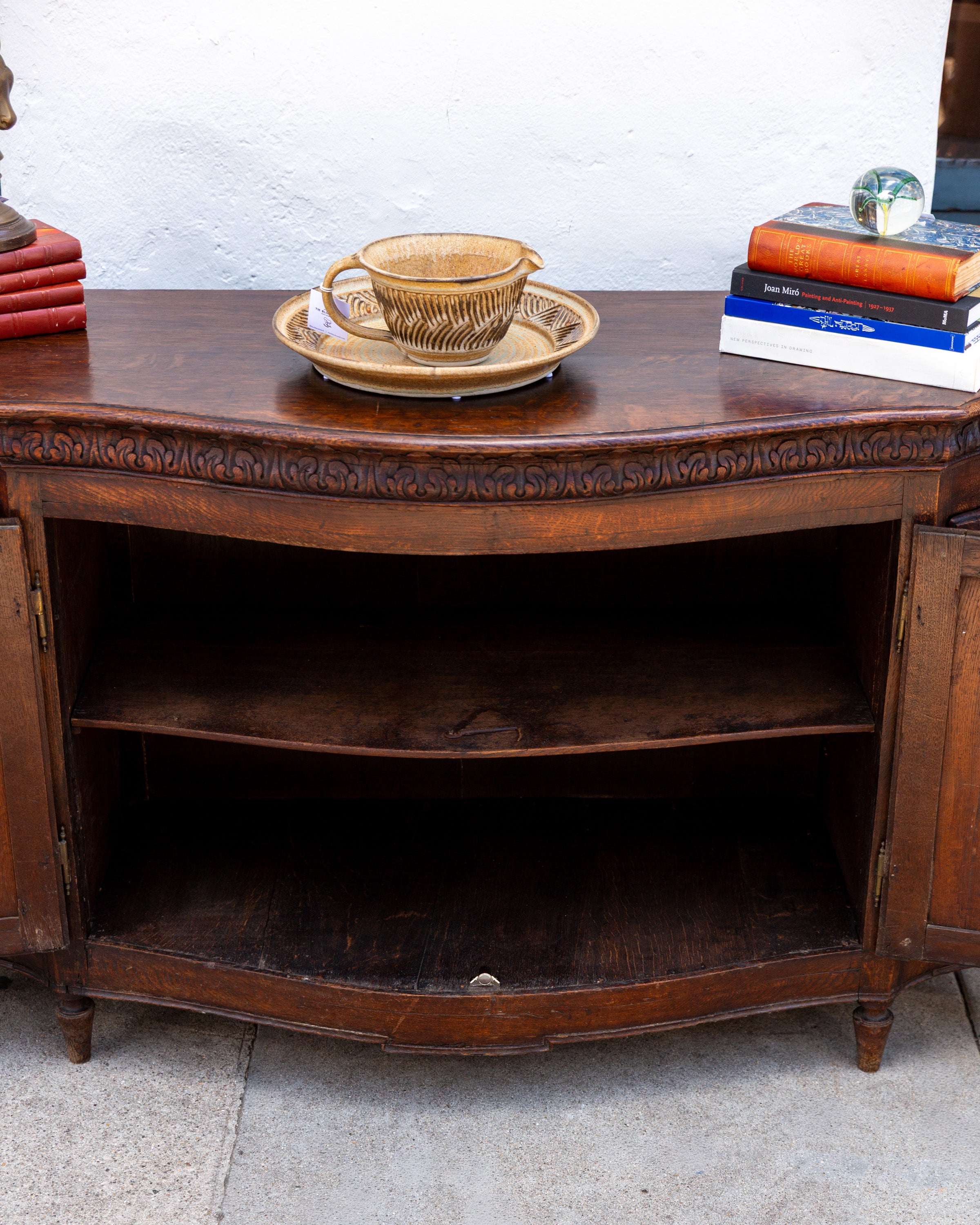 Antique Bowfront Carved Oak Credenza