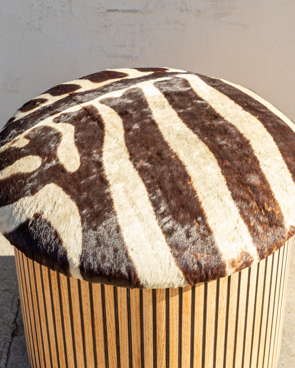 Large Fiberglass Planter with Vertical Oak Strips with Zebra Skin Upholstery