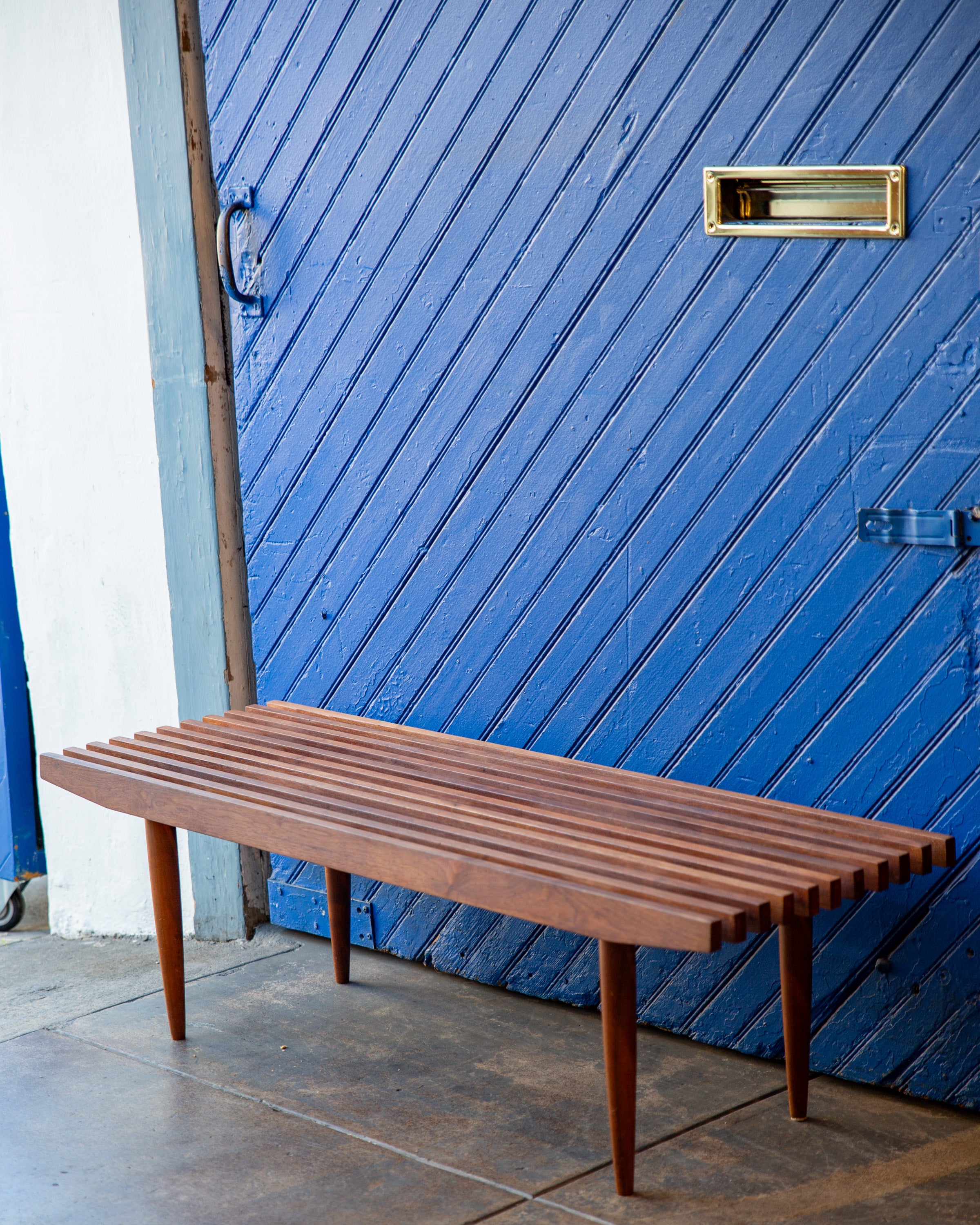 Mid-Century Wood Slat Coffee Table Bench