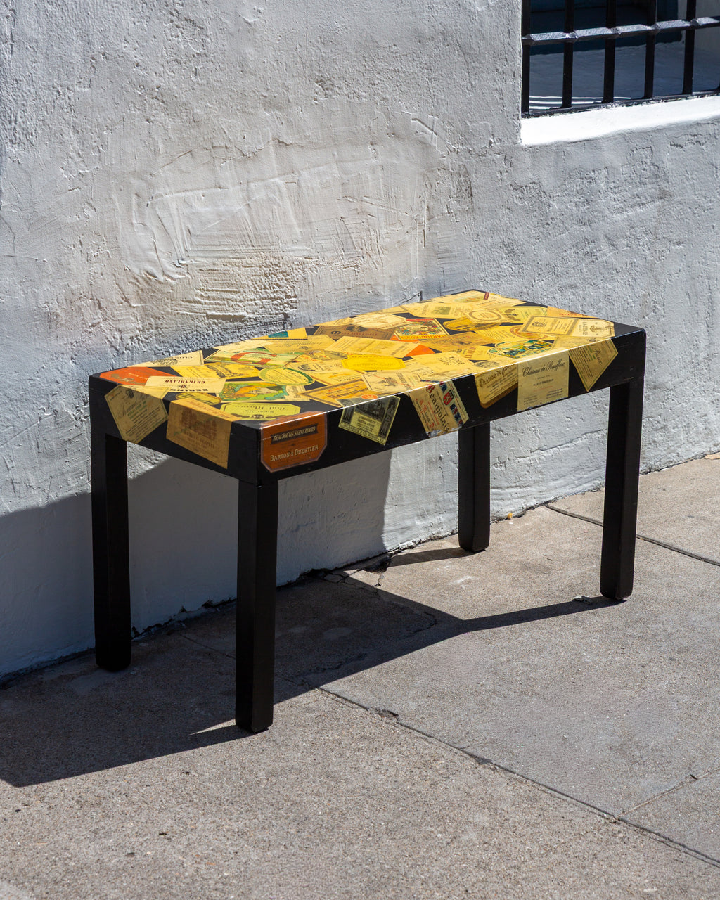 Homemade Decoupage Table with Vintage Wine Labels