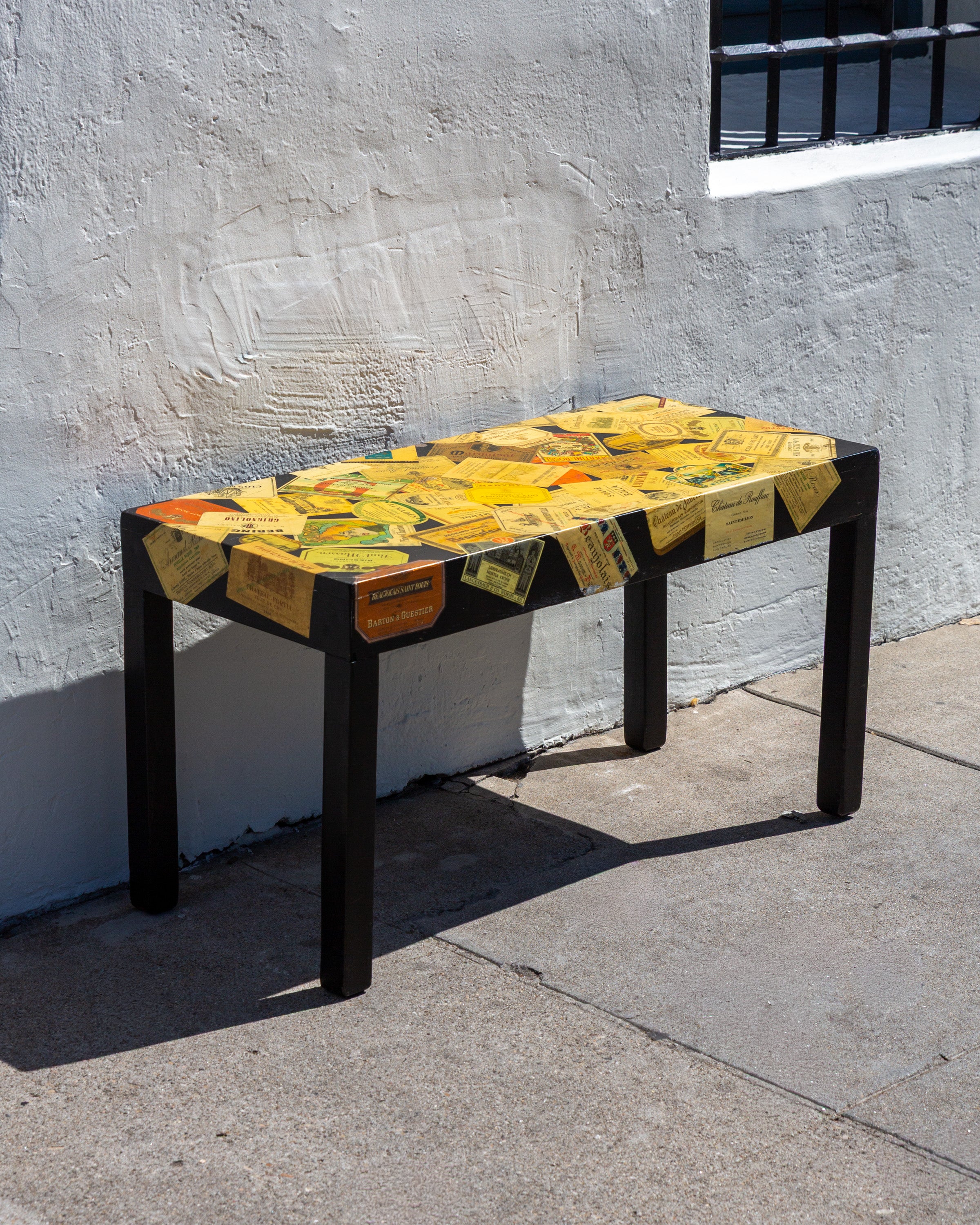 Homemade Decoupage Table with Vintage Wine Labels