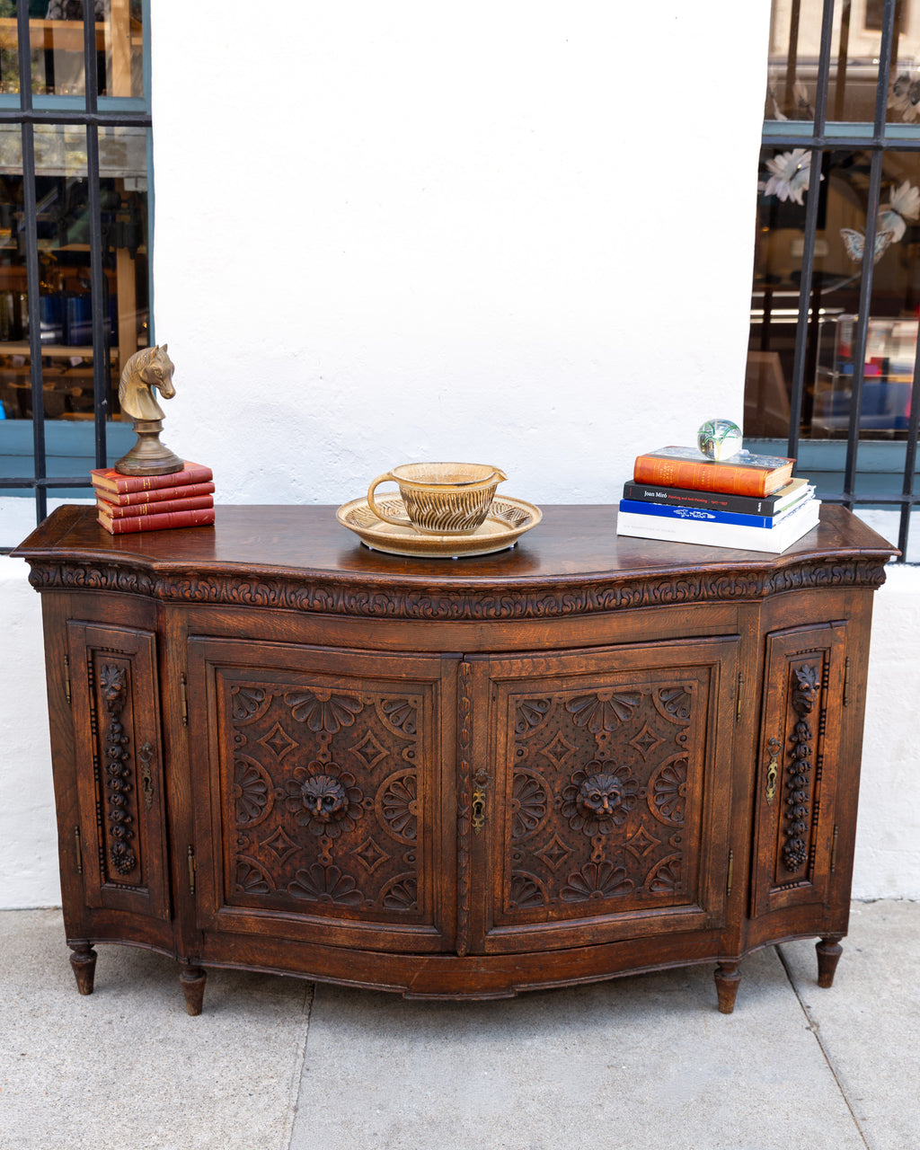 Antique Bowfront Carved Oak Credenza