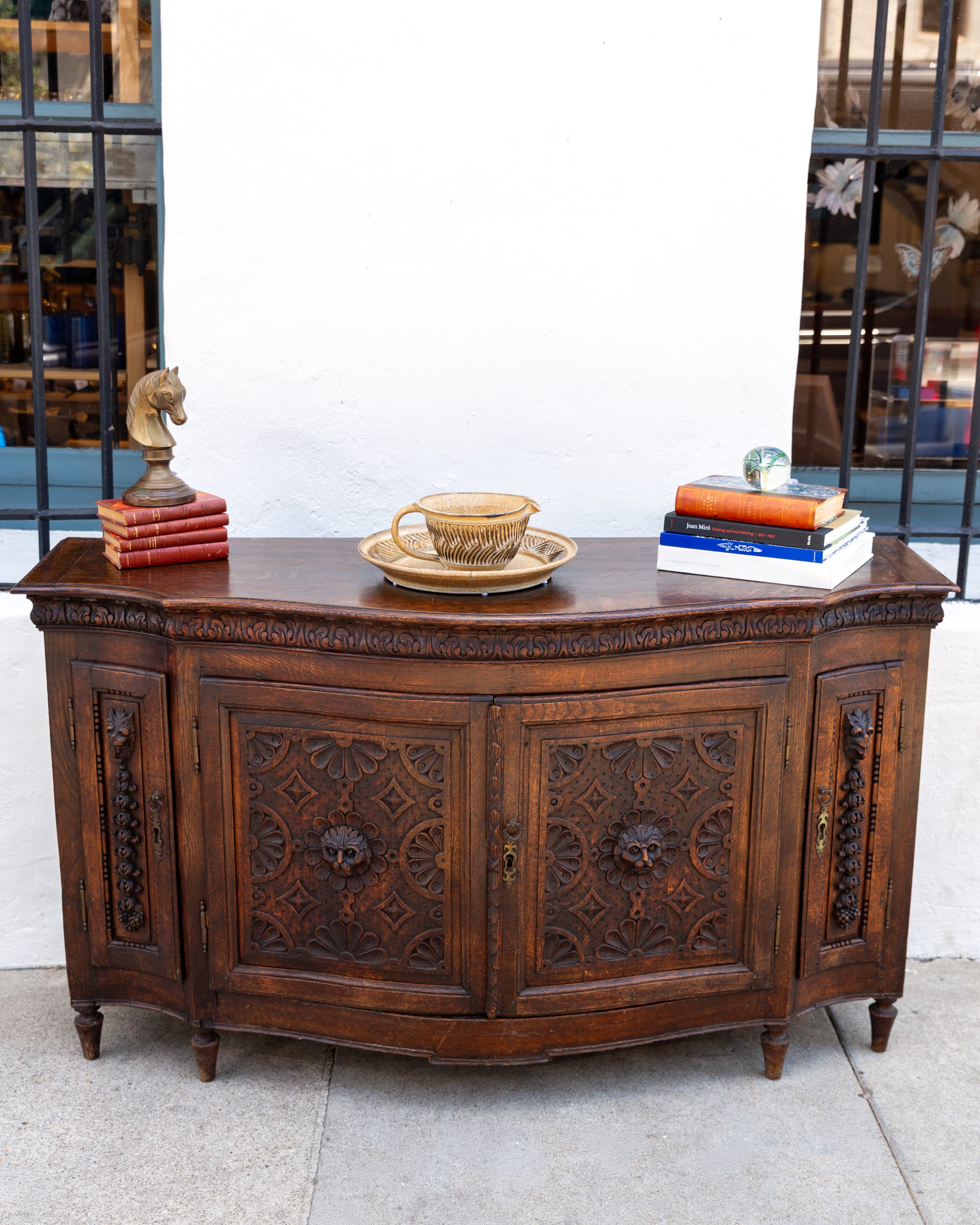 Antique Bowfront Carved Oak Credenza