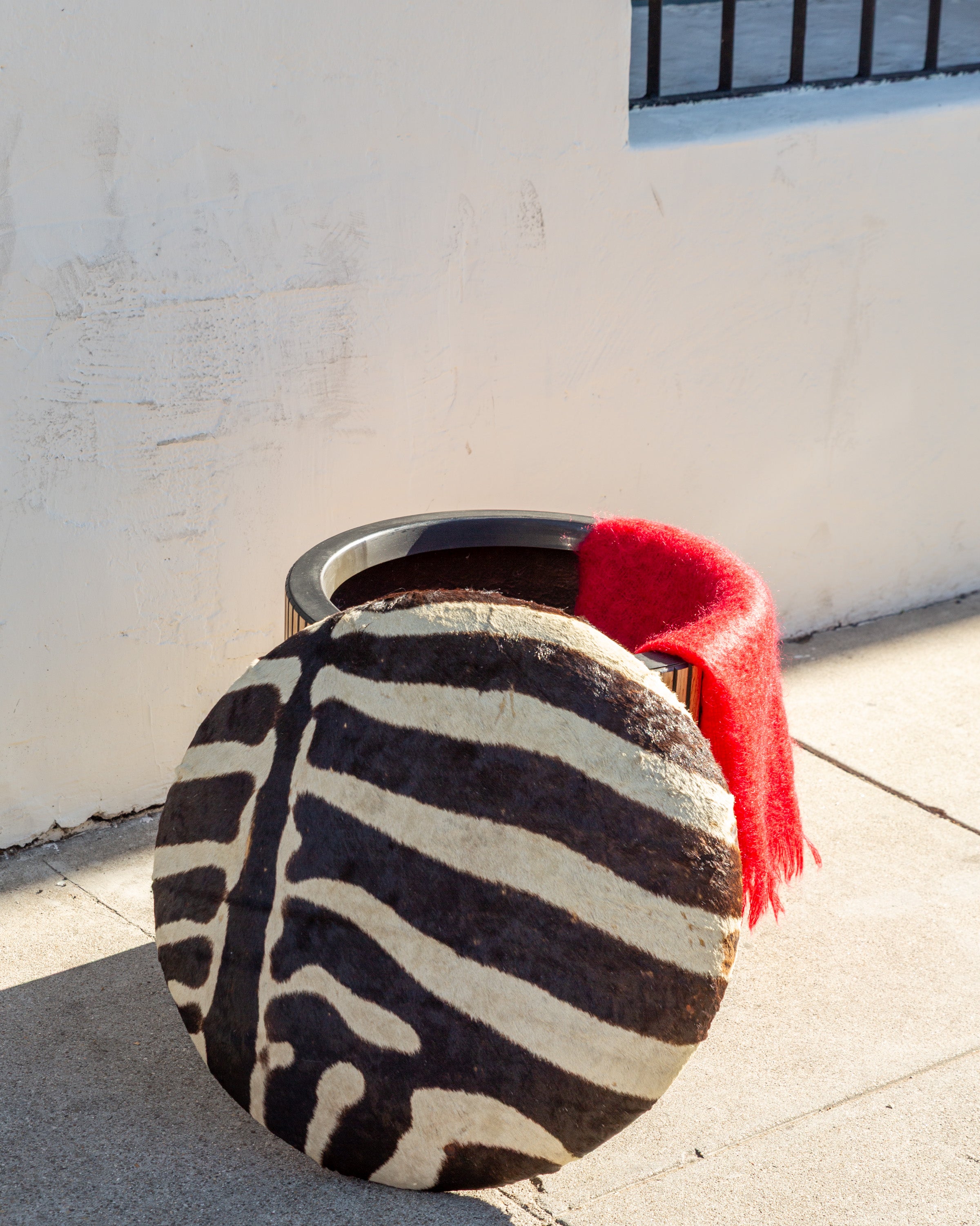 Large Fiberglass Planter with Vertical Oak Strips with Zebra Skin Upholstery