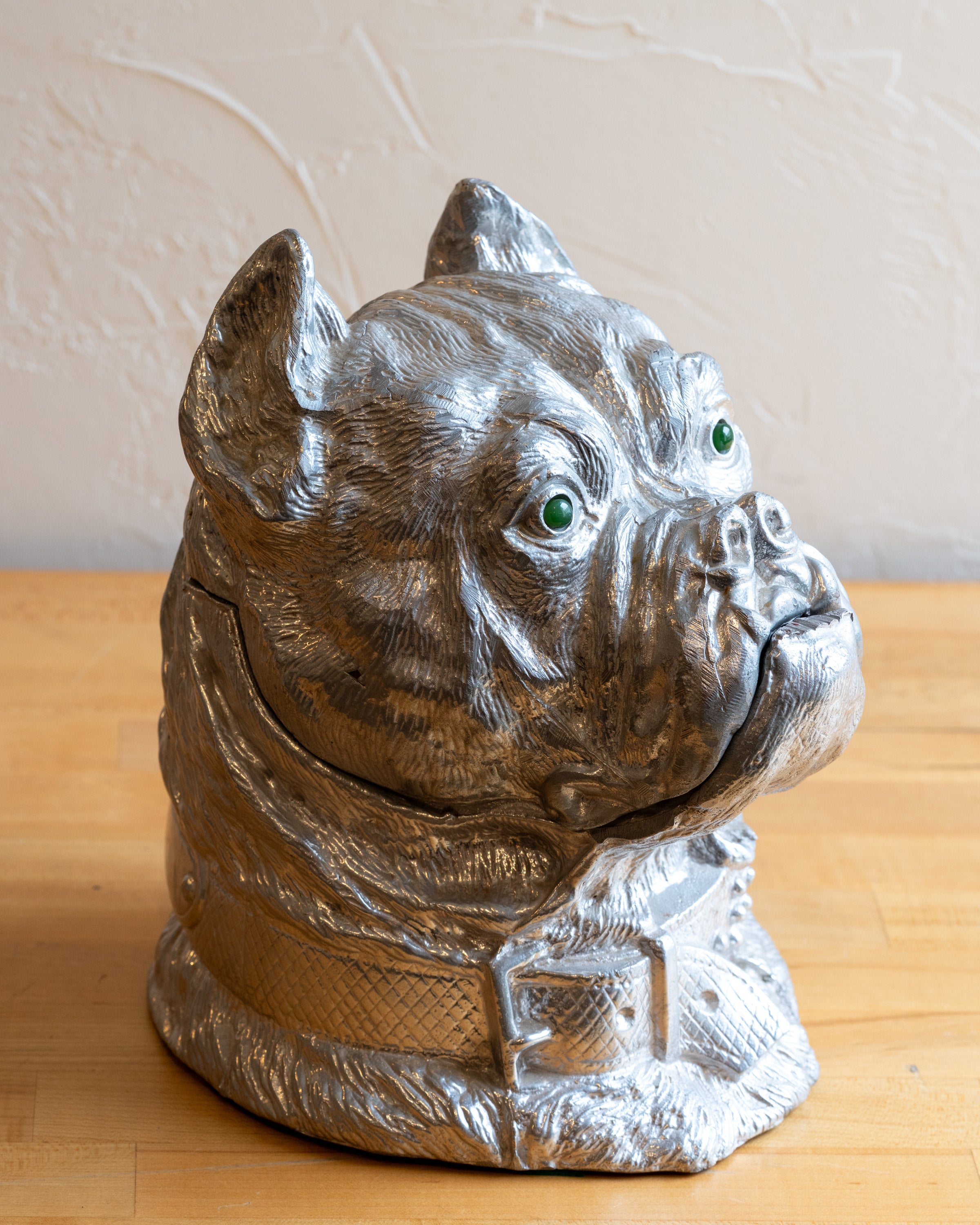 Circa 1977 Arthur Court Green Eyed Aluminum Bull Dog Lidded Container