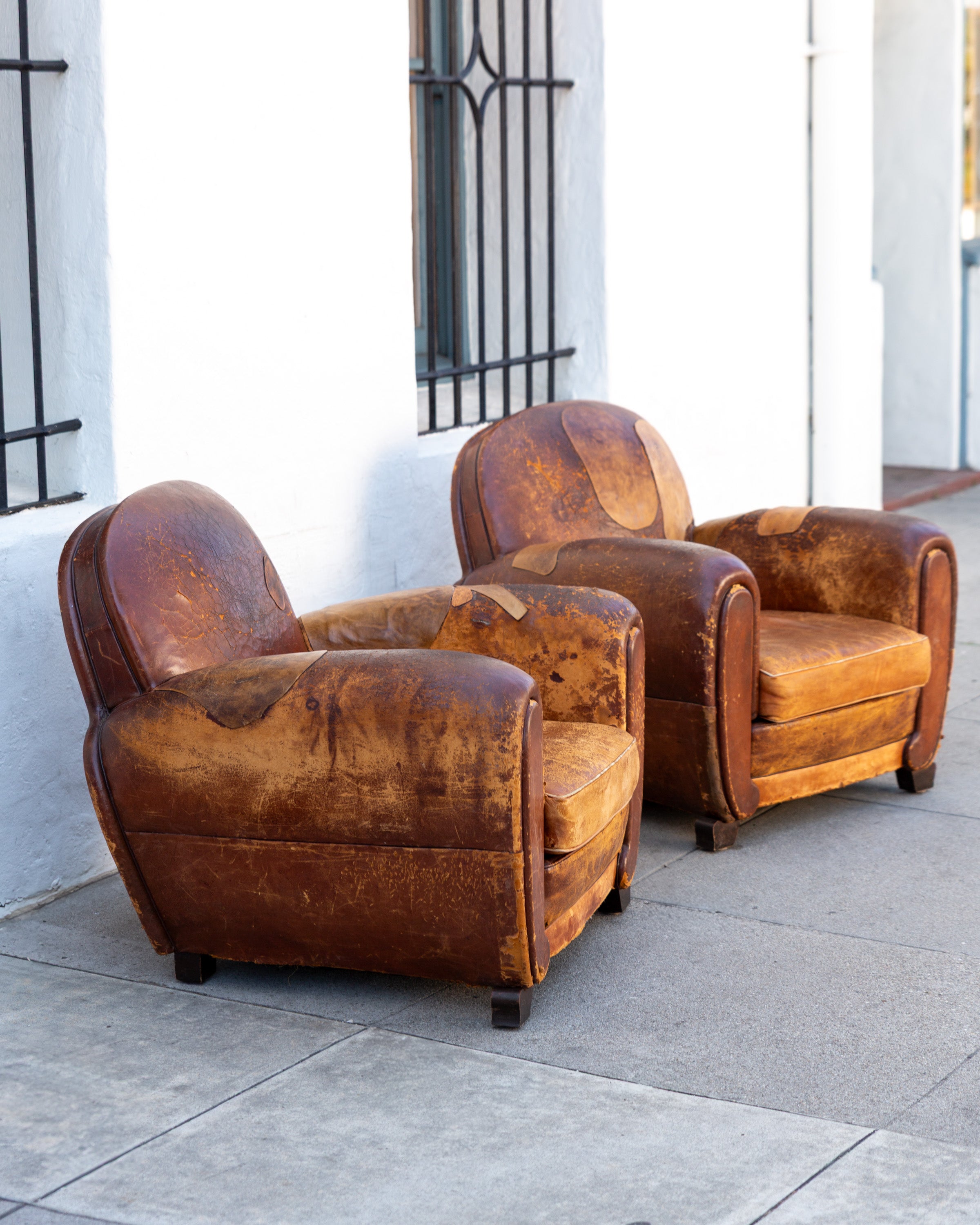 Pair of 1920's French Club Chairs with Leather Patches