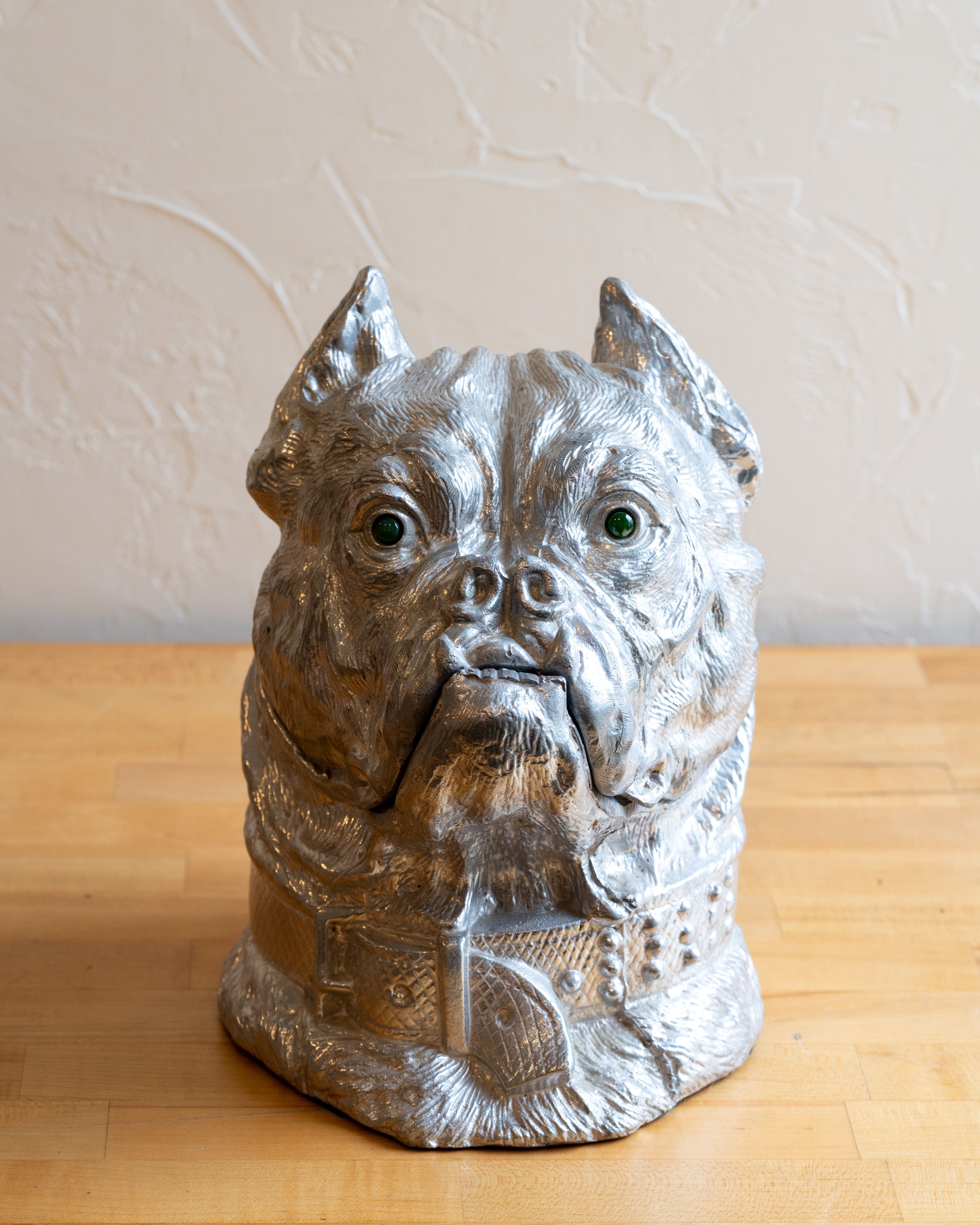 Circa 1977 Arthur Court Green Eyed Aluminum Bull Dog Lidded Container