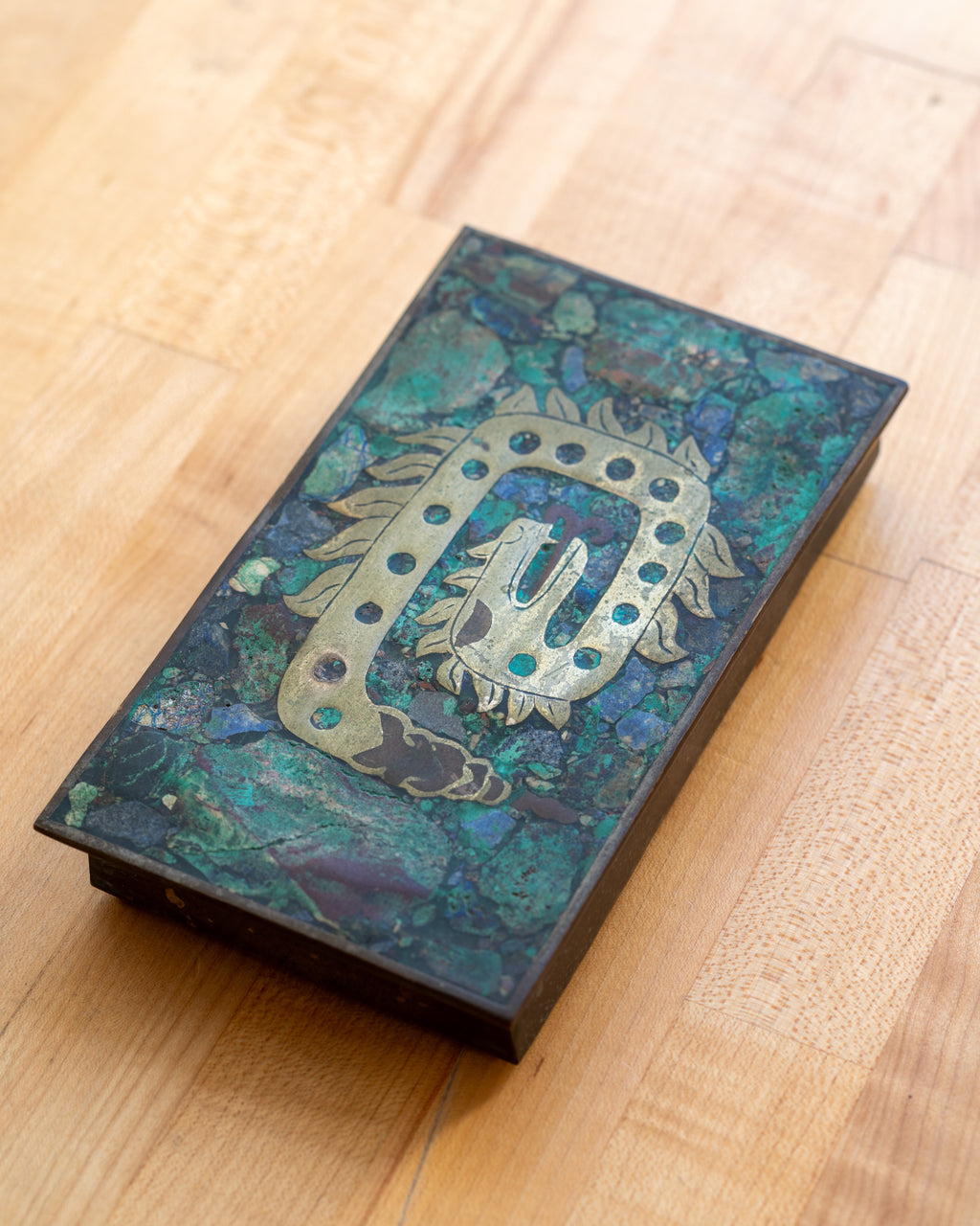 MCM Mexican Inlaid Serpent Keepsake Box made from Brass, Wood, and Stone