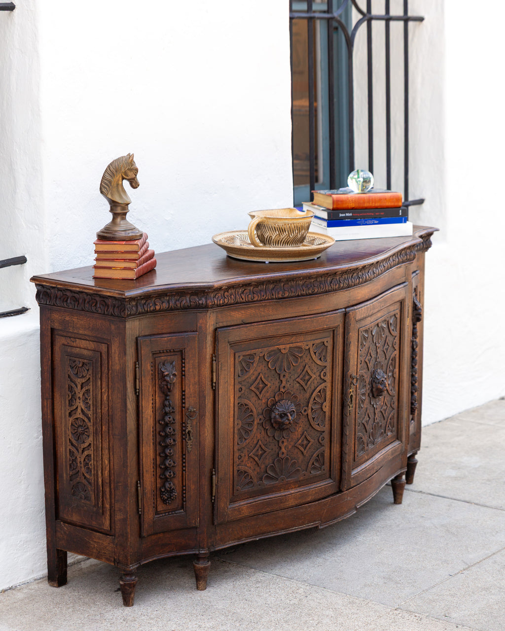 Antique Bowfront Carved Oak Credenza