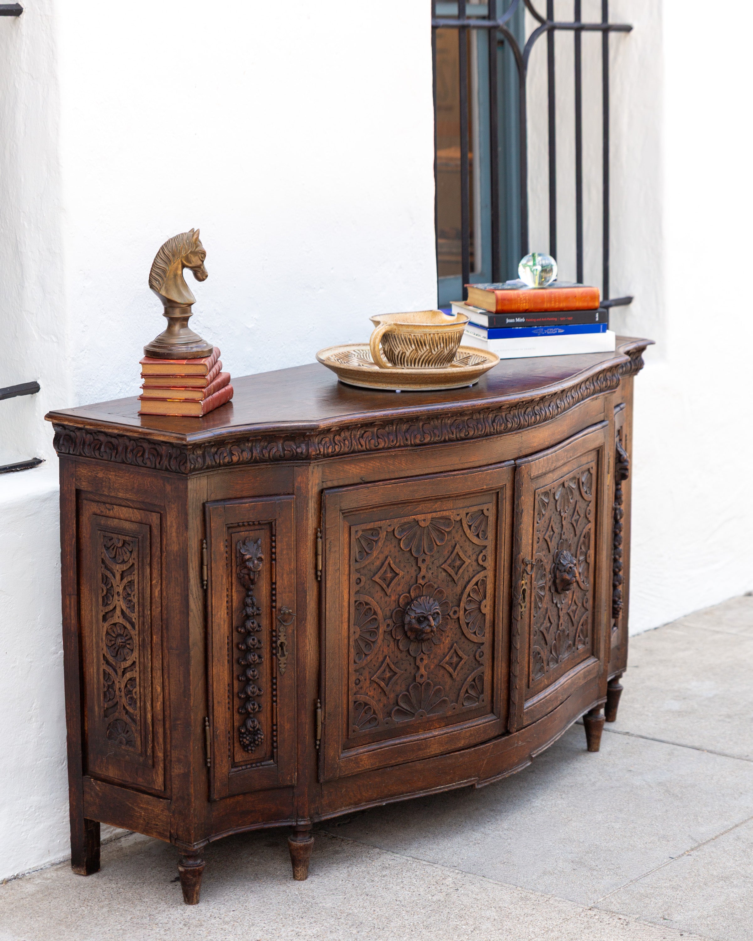 Antique Bowfront Carved Oak Credenza