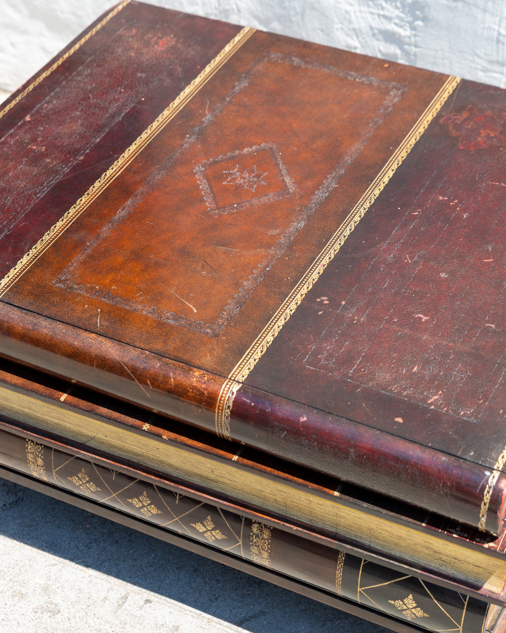 Coffee Table Maitland Smith Embossed Leather Stacking Books (2 Drawer on One Sid