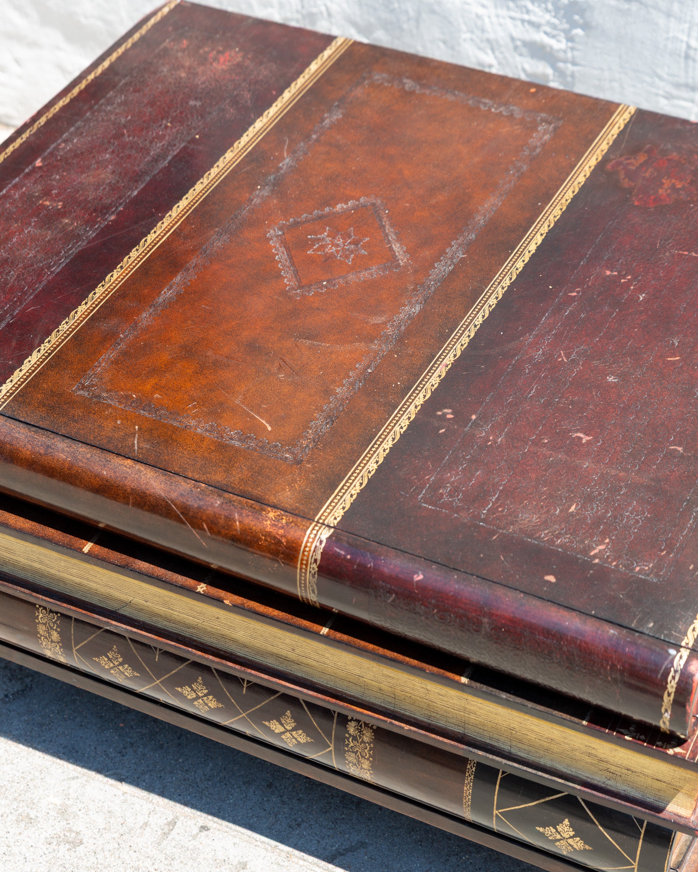 Coffee Table Maitland Smith Embossed Leather Stacking Books (2 Drawer on One Sid