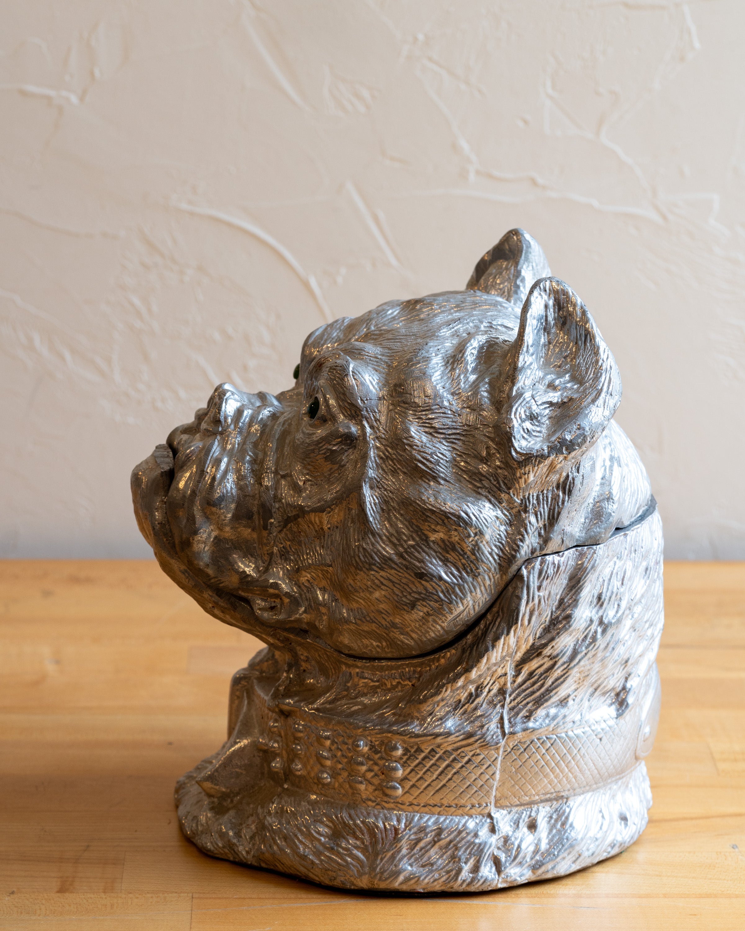 Circa 1977 Arthur Court Green Eyed Aluminum Bull Dog Lidded Container