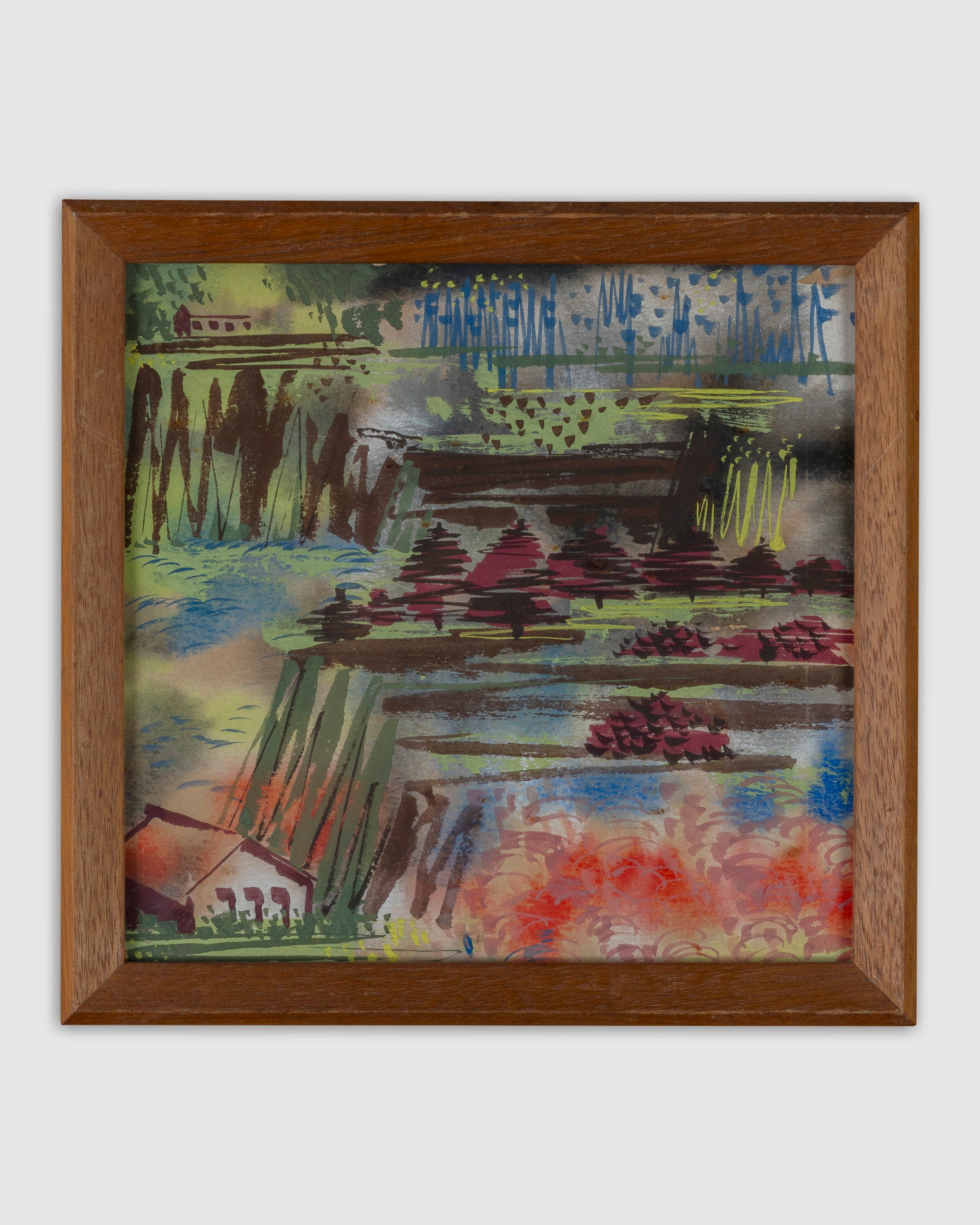 Gouache Painting Circa 1950s, Style Of Erle Loran