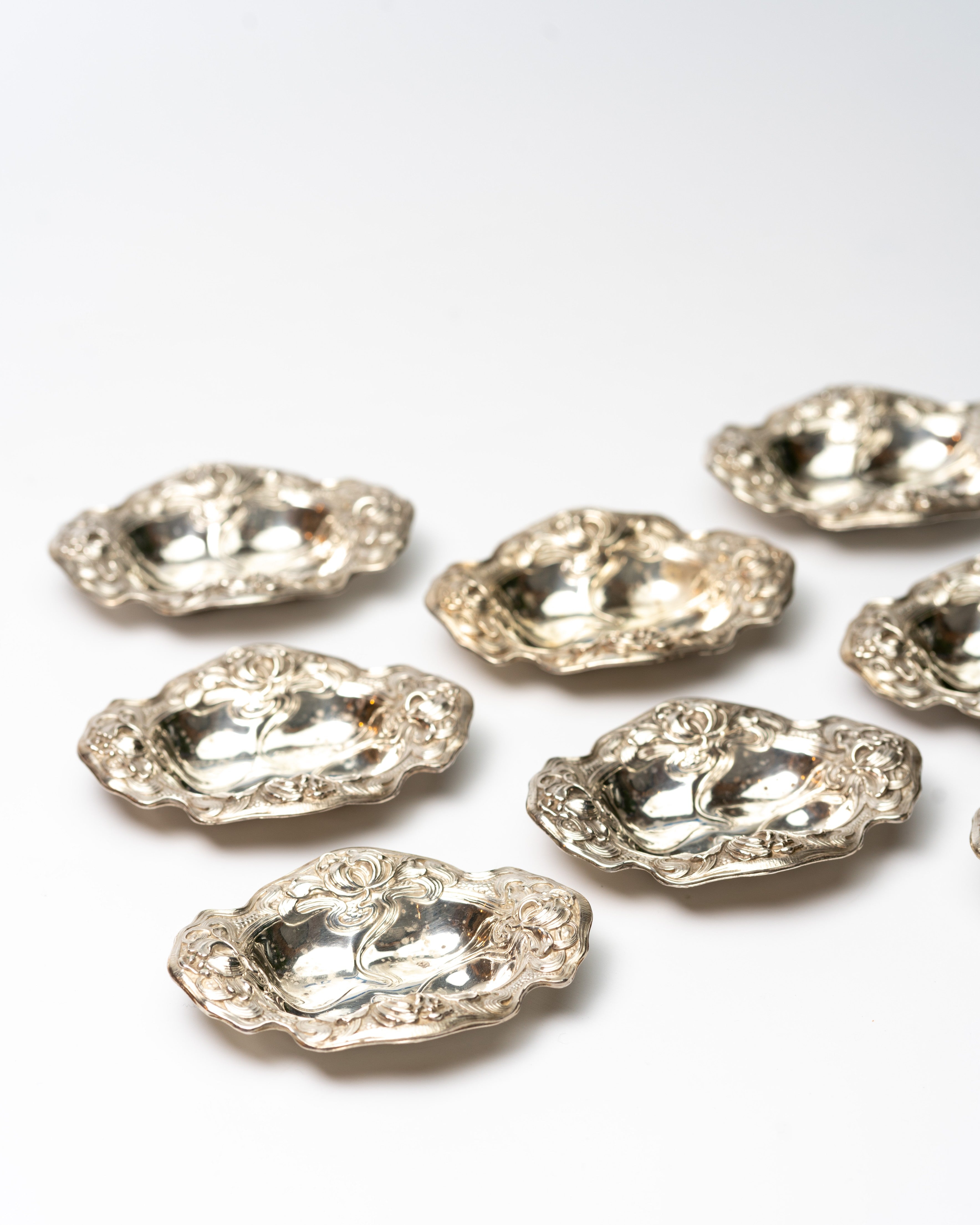 Set of Eight Sterling Silver Art Nouveau Salt Cellars Circa 1890-1910