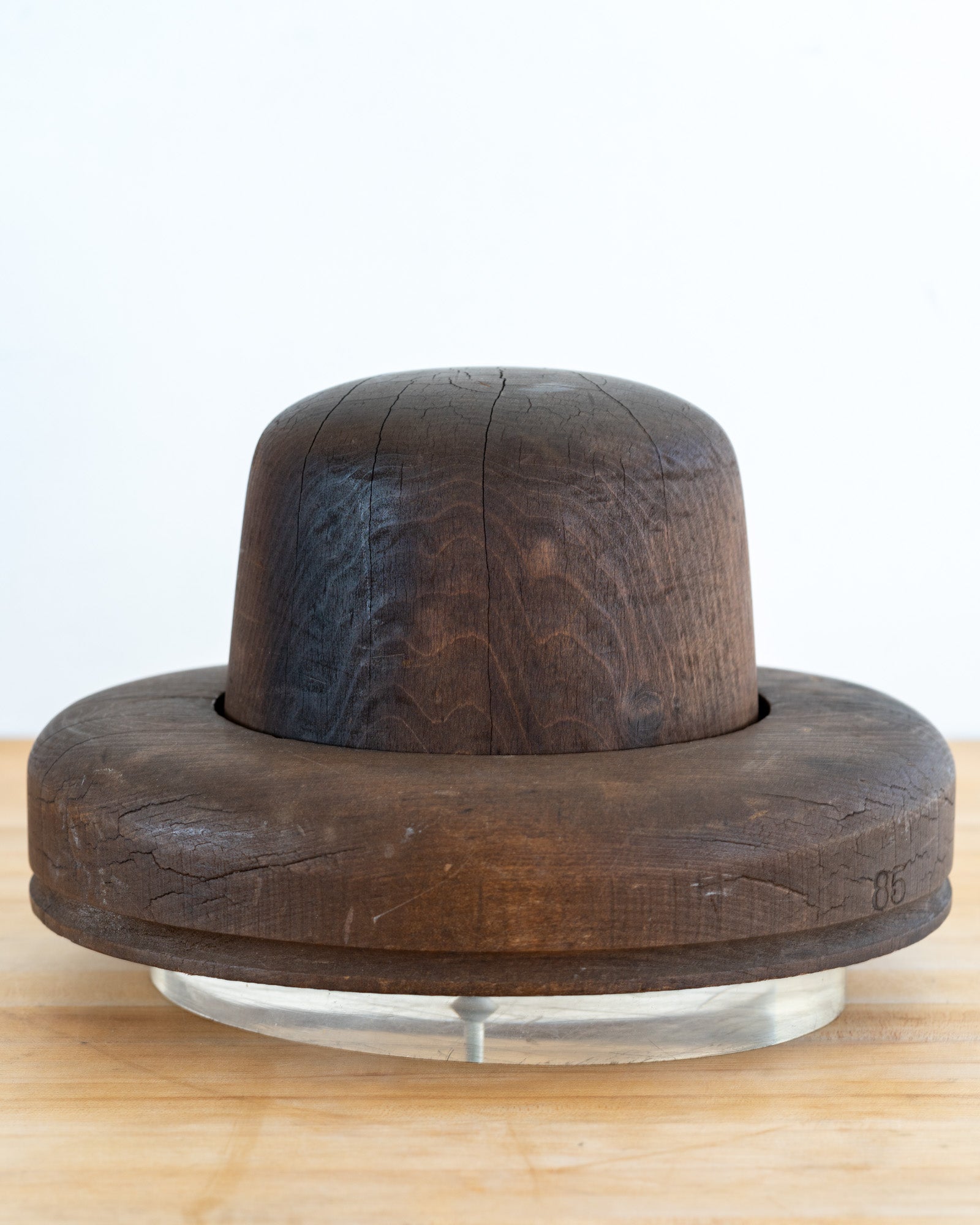 Antique Wood Hat Form w/ Brim on a Lucite Base