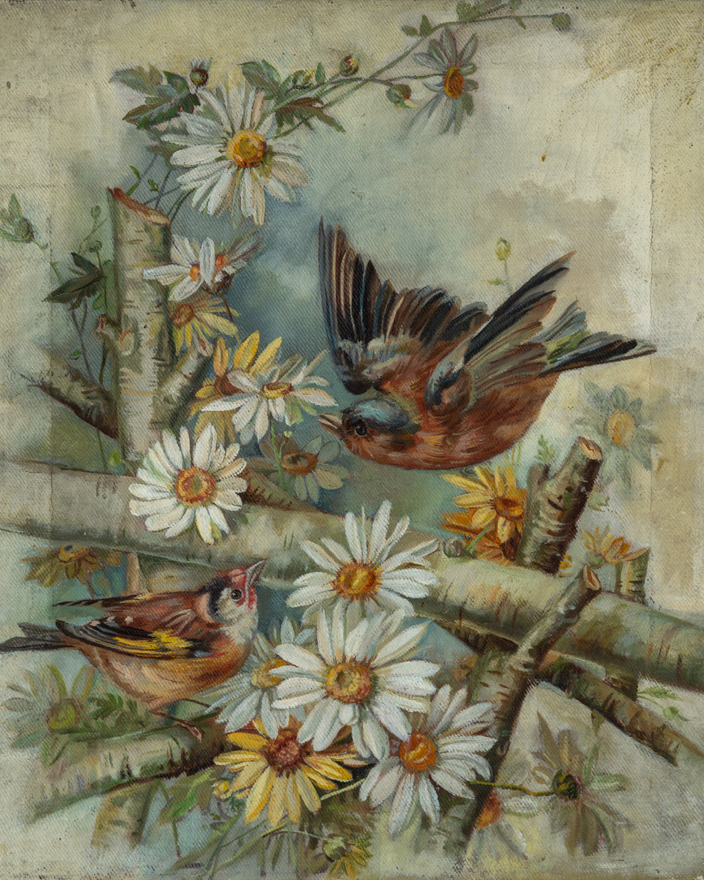 Antique 1890's-1900 Oil on Canvas Painting of Robins and Daisies