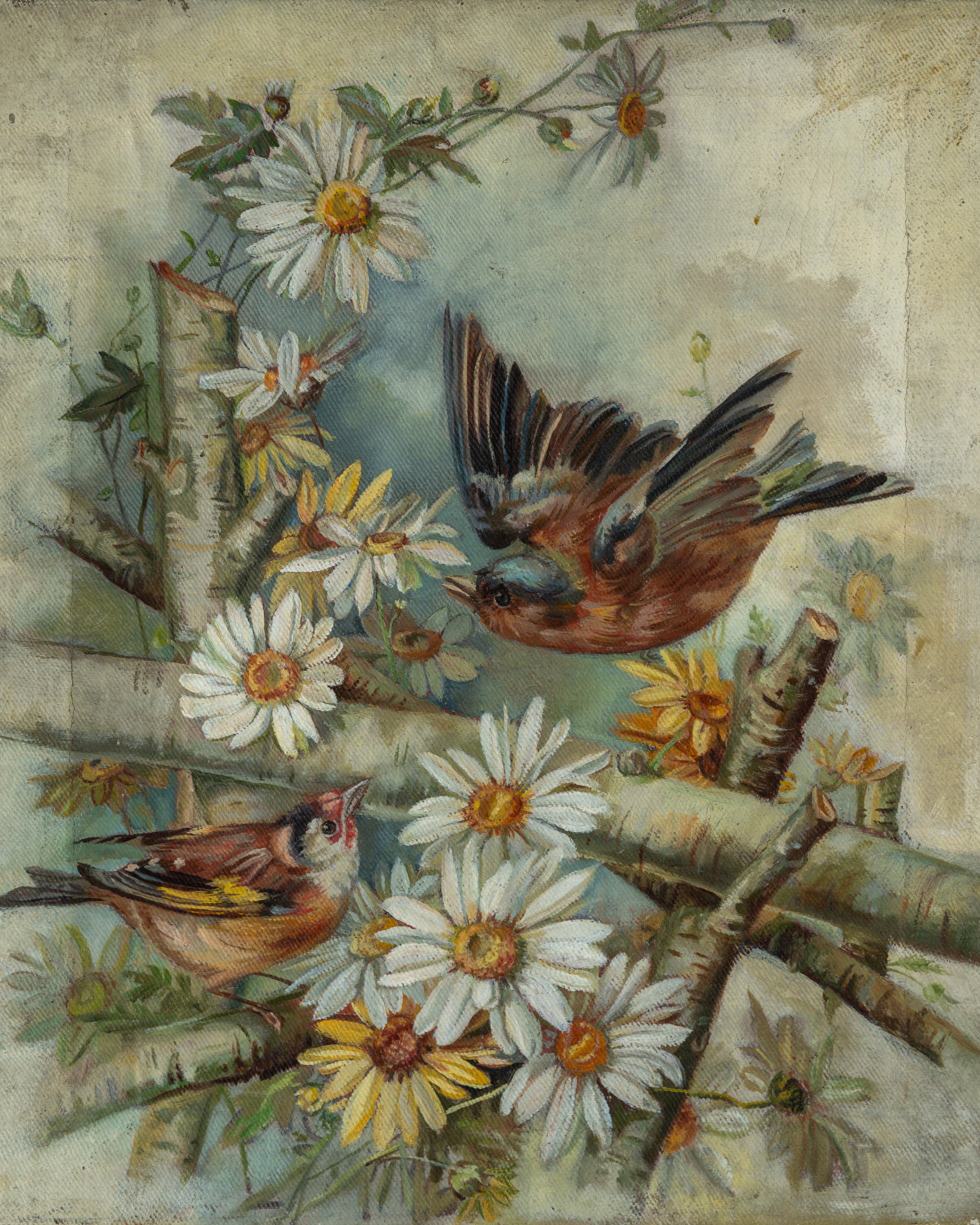 Antique 1890's-1900 Oil on Canvas Painting of Robins and Daisies