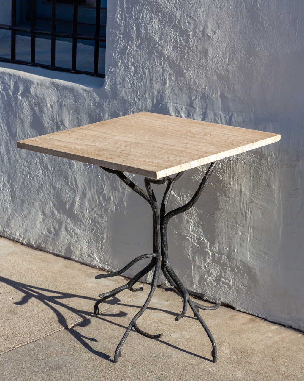 Vintage Hand Forged Iron Sculptural Table Base with Travertine Marble Top