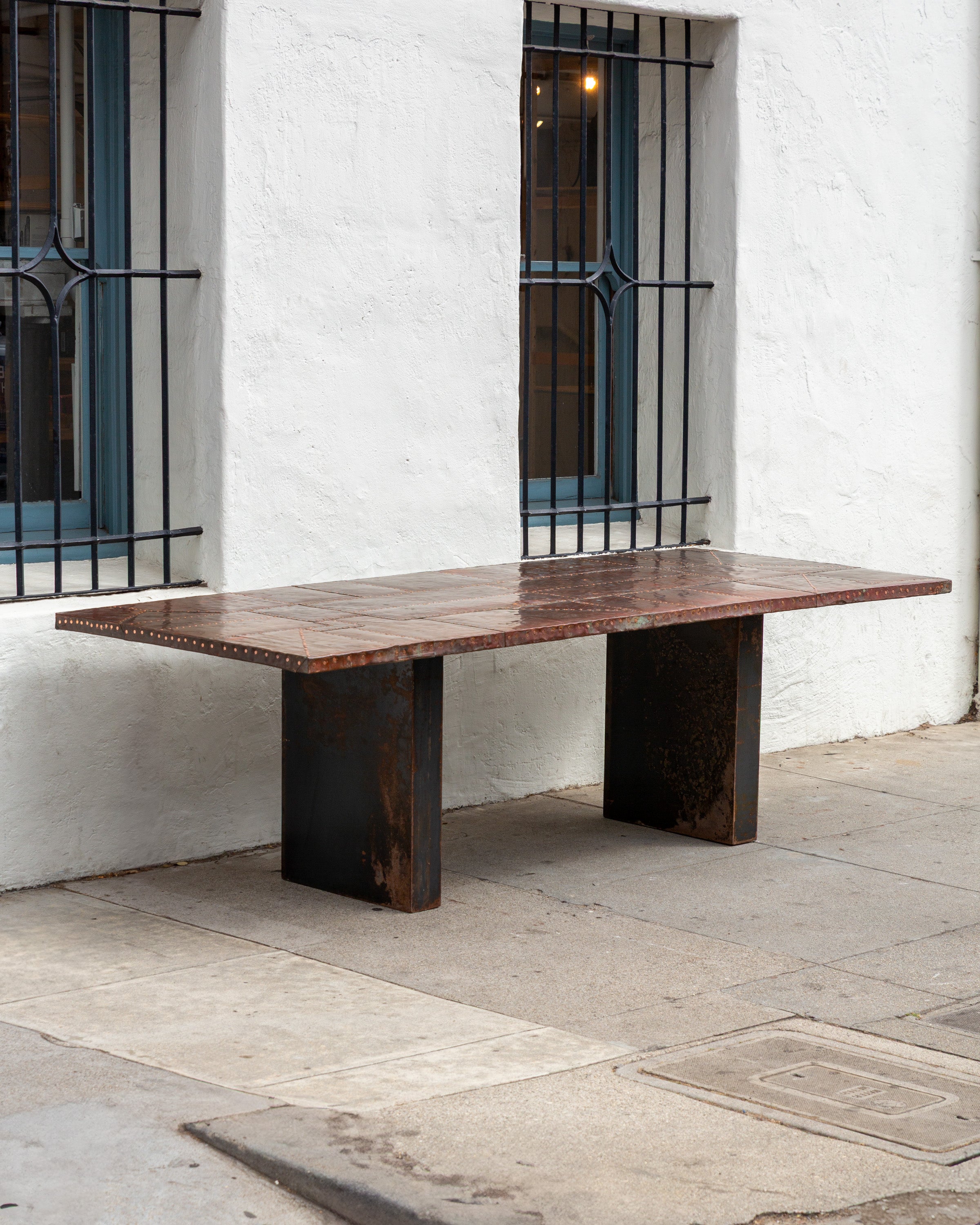 Vintage Handcrafted 8 ft Long Copper Hammer Clad Patchwork Table W/ Copper Nails