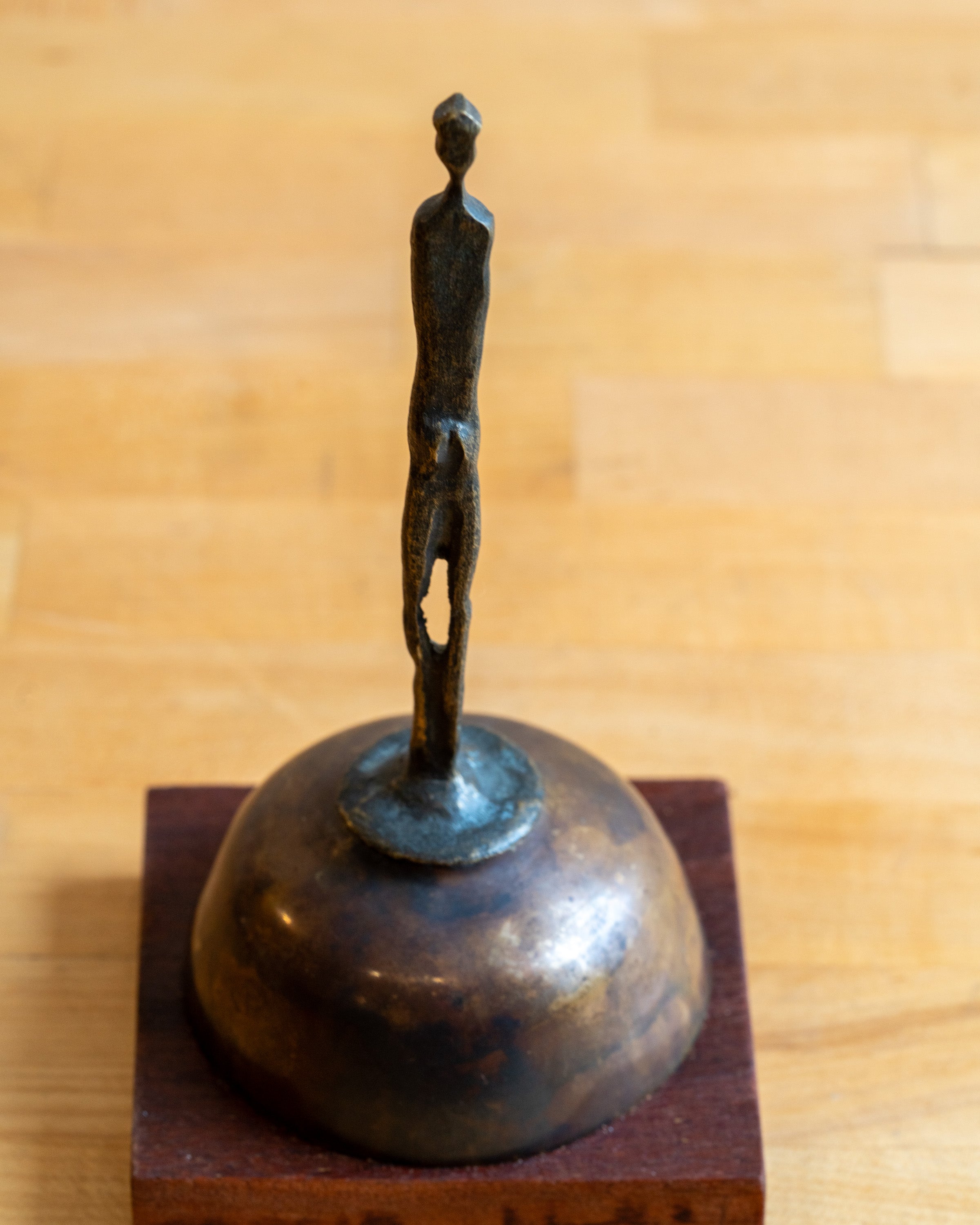 Vintage Cast Brass Brutalist Sculpture of Woman on Brass and Wood Base