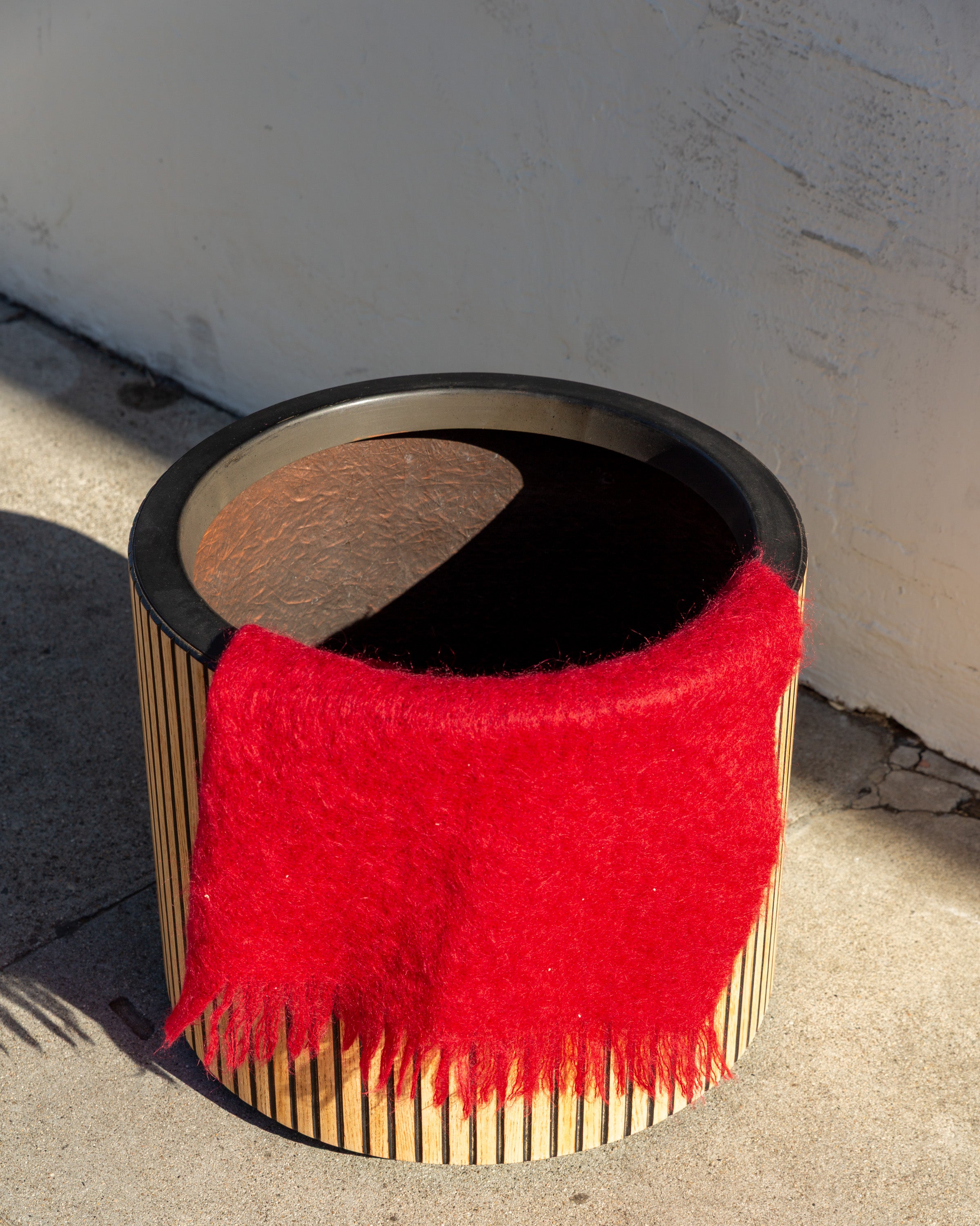 Large Fiberglass Planter with Vertical Oak Strips with Zebra Skin Upholstery